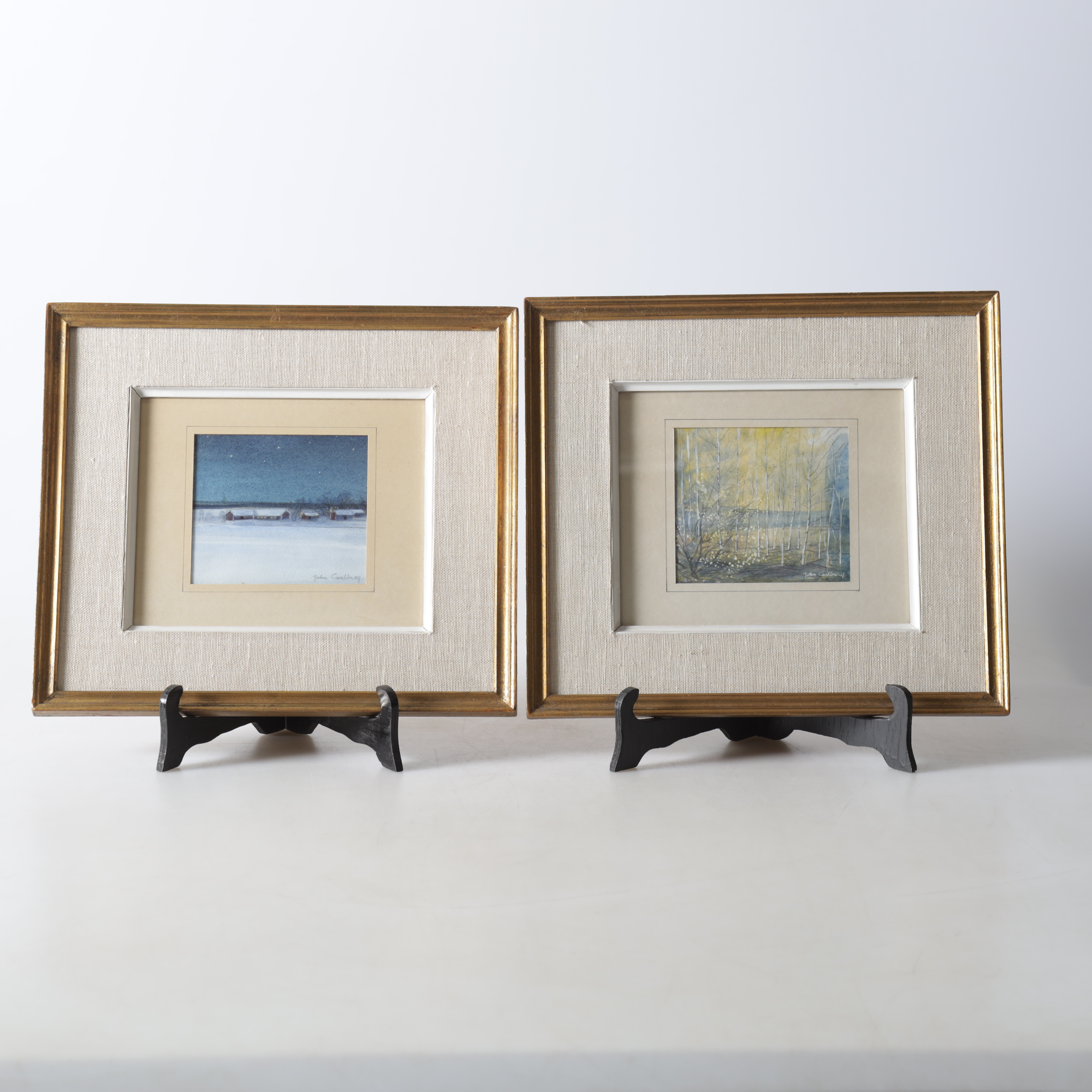 JOHN CARLBERG. Landskapsmotiv, akvareller, 2 st, "Vinterkväll Västmanland" och "Sälgbuskar", signerade.