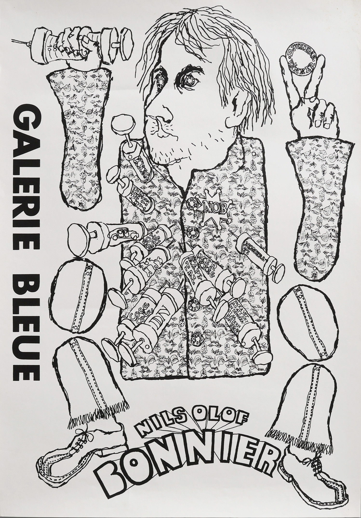 AFFISCH. EN UTSTÄLLNINGSAFFISCH FRÅN GALERIE BLEUE I STOCKHOLM FÖR EN UTSTÄLLNING MED DEN KULTFÖRKLARADE KONSTNÄREN NILS OLOF BONNIER SOM DOG UNDER EN STUDIERESA MED FINLANDSFÄRJAN 1969.