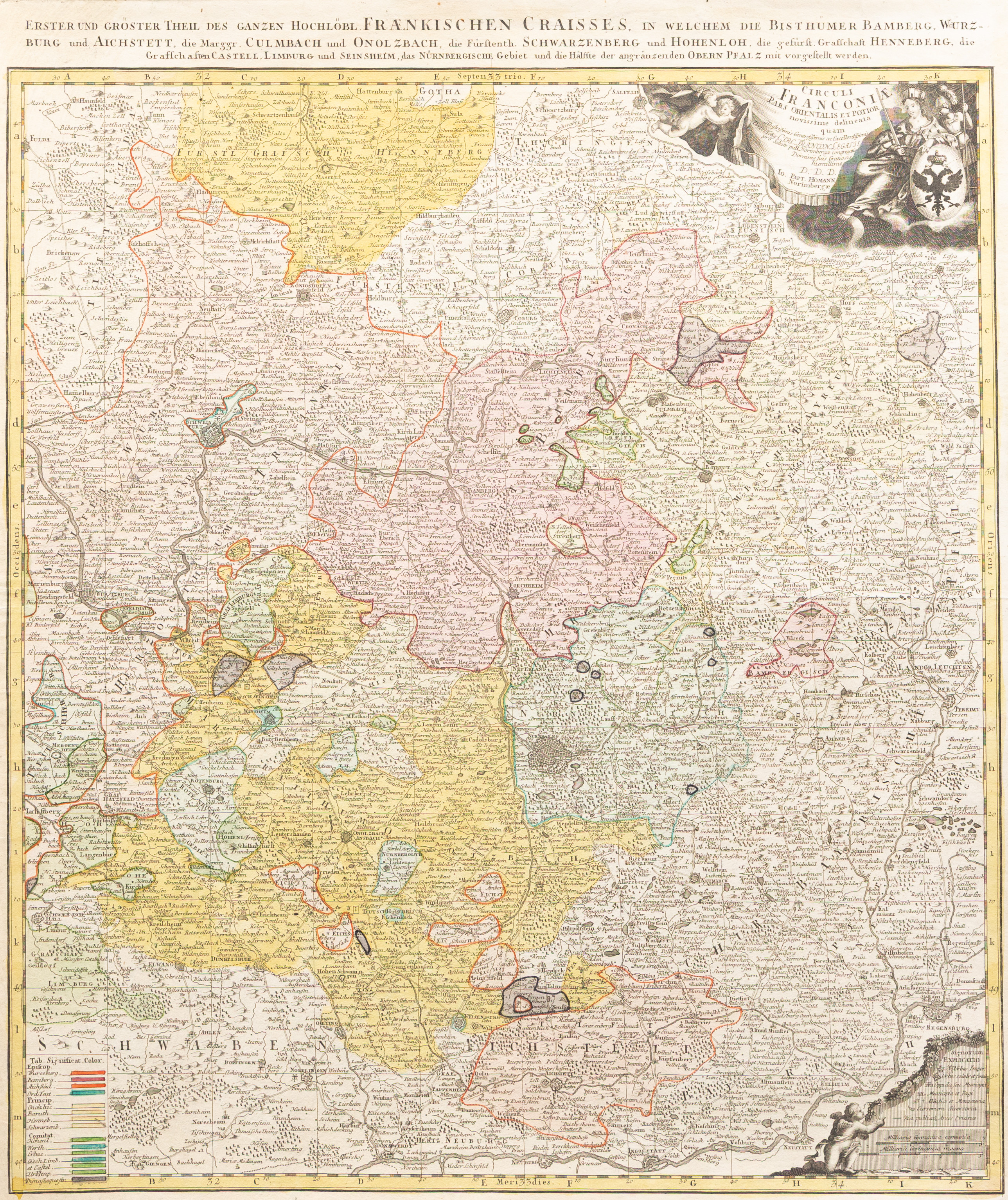 KARTA, Franken, Circuli Franconiae pars orientalis et potior, J.B. Homann, 1720, handkolorerat kopparstick.