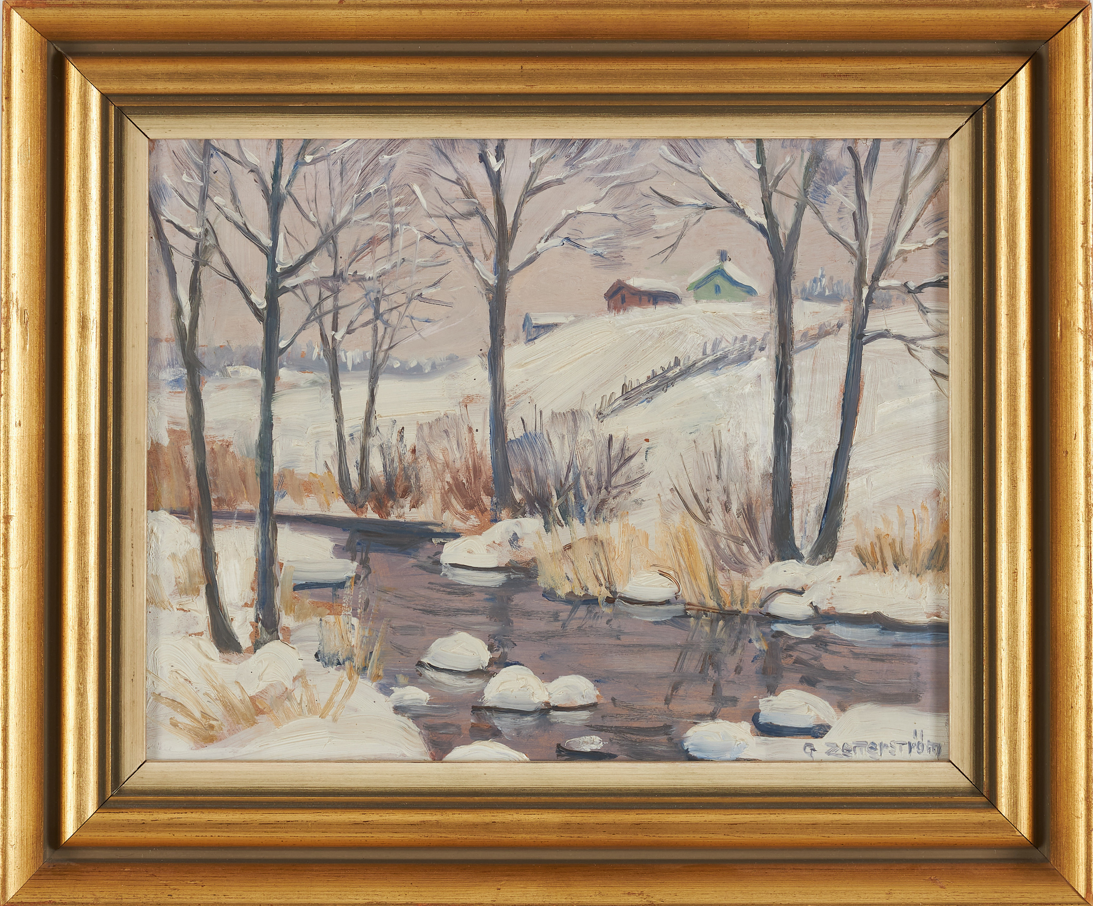 GUNNAR ZETTERSTRÖM. Vinterlandskap med bäck, olja på pannå, signerad.