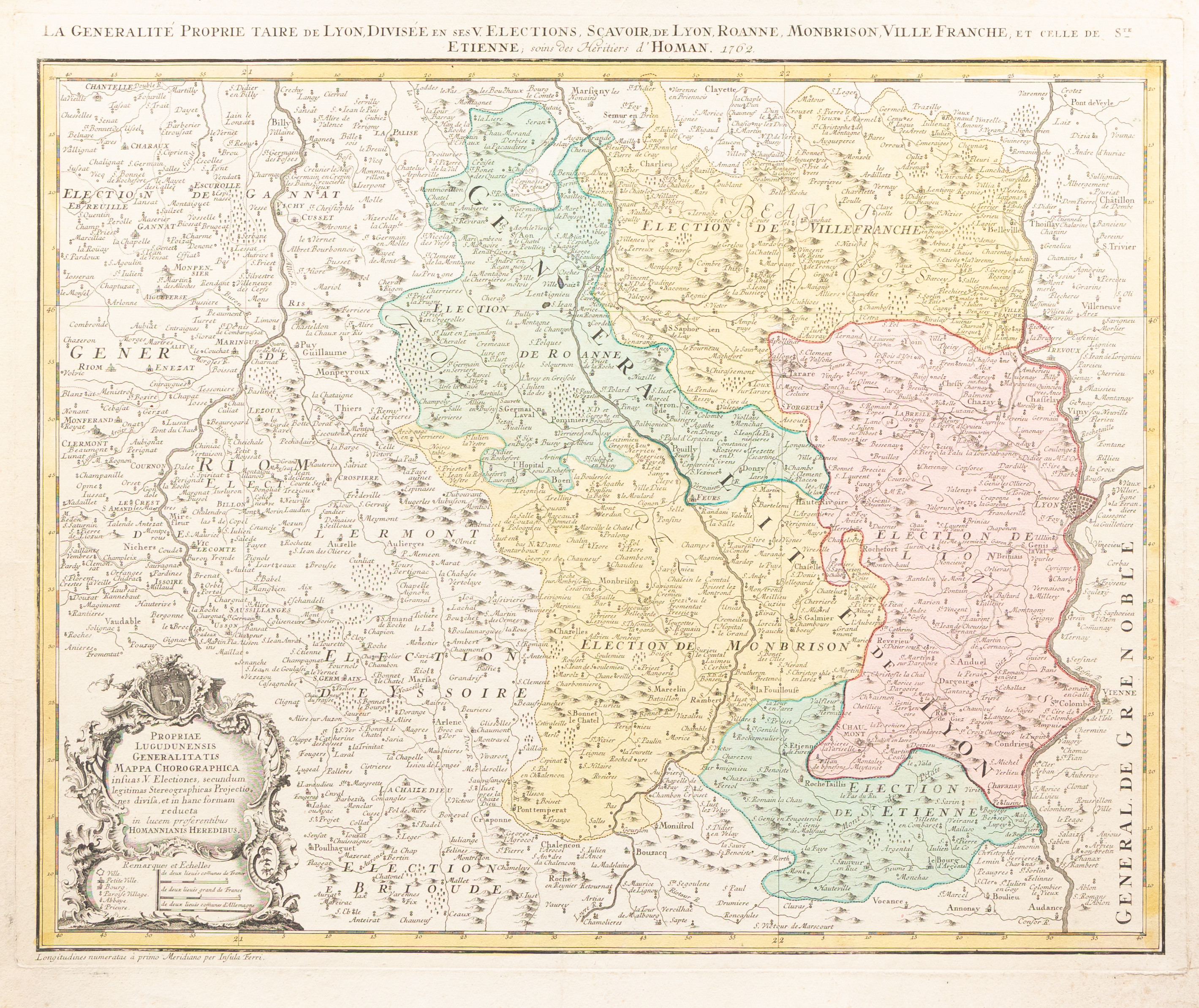 KARTA, La Genaralite Proprie Taire De Lyon Divisée ........ Region Beaujolais... 1762, handkolorerat kopparstick.