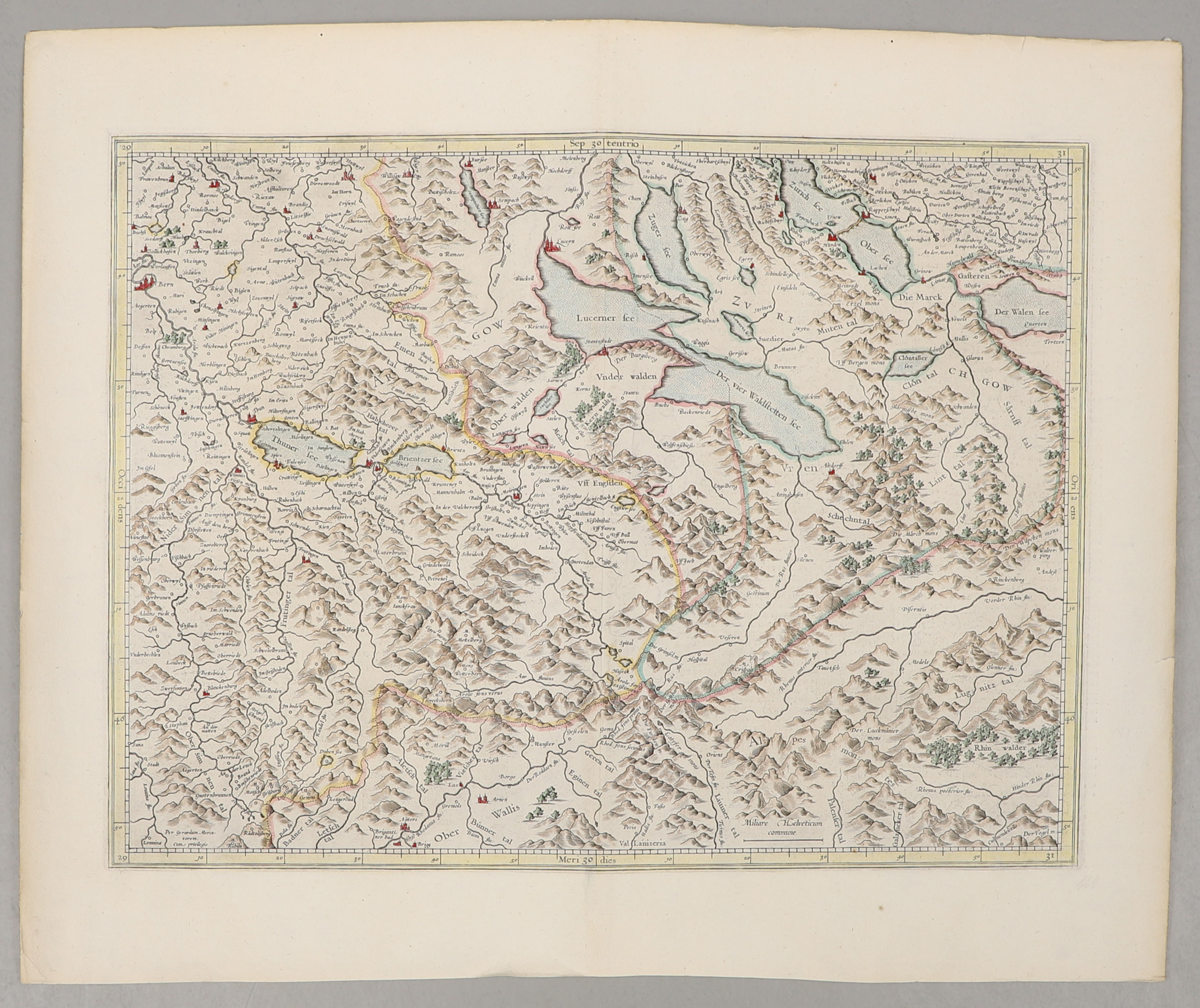 GERARD MERCATOR, Karta, handkolorerat kopparstick. Över Aragu/Schwitz, ca 1649.