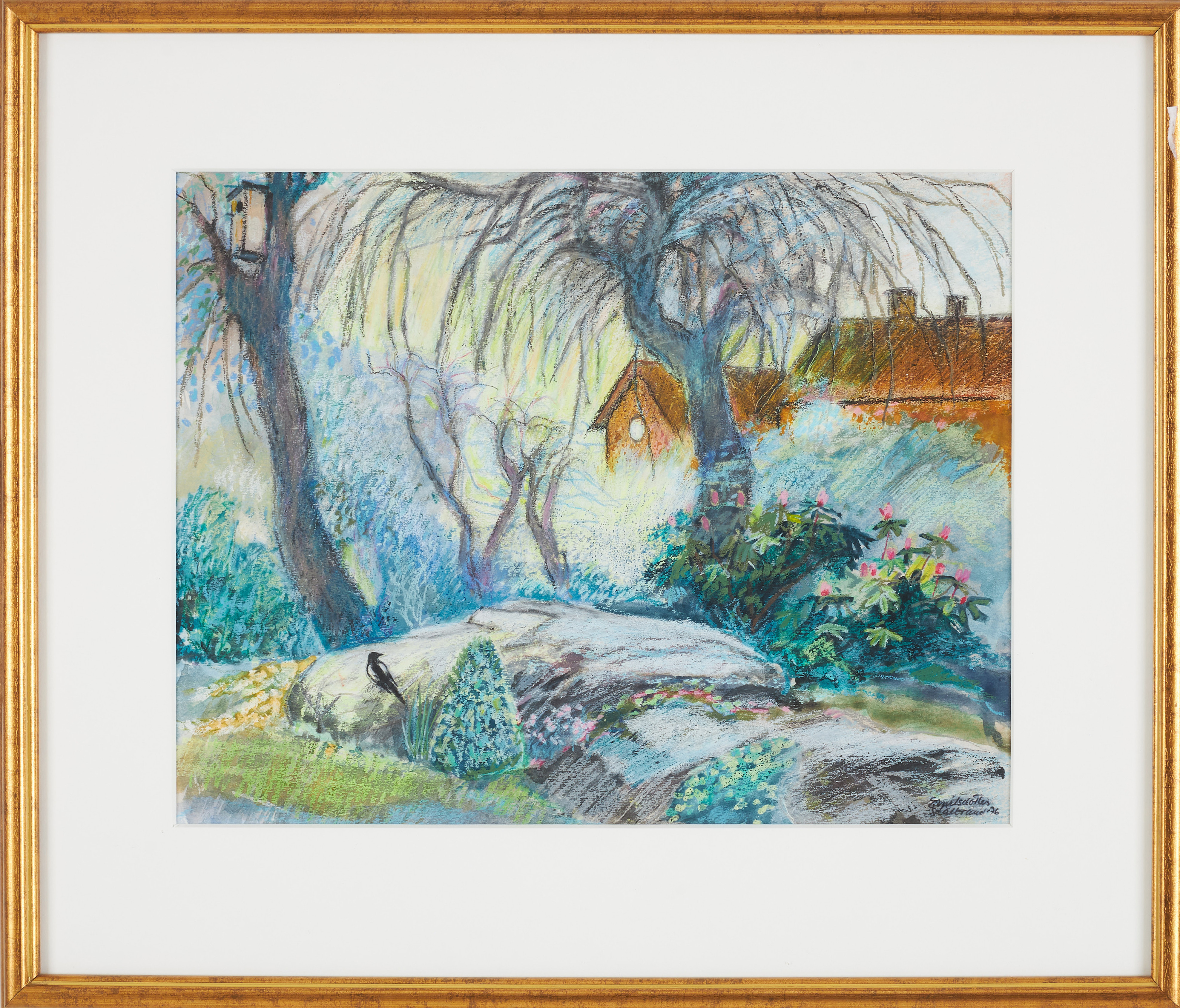 MARGARETA EMILSDOTTER-STÅLBRAND. Trädgård, gouache och oljepastell på papper, signerad Emilsdotter Stålbrand, daterad -76.