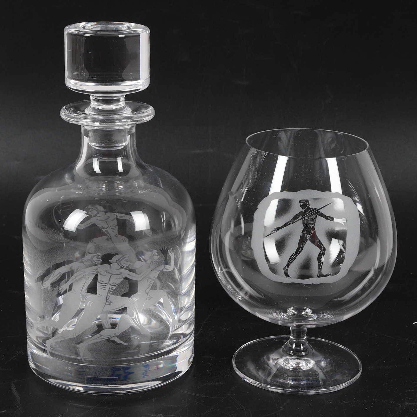 PETER J LEEK. Konjakskupor & karaff med kork, 7 delar, kristall, "Hellas", Flero-Form, Nybro.