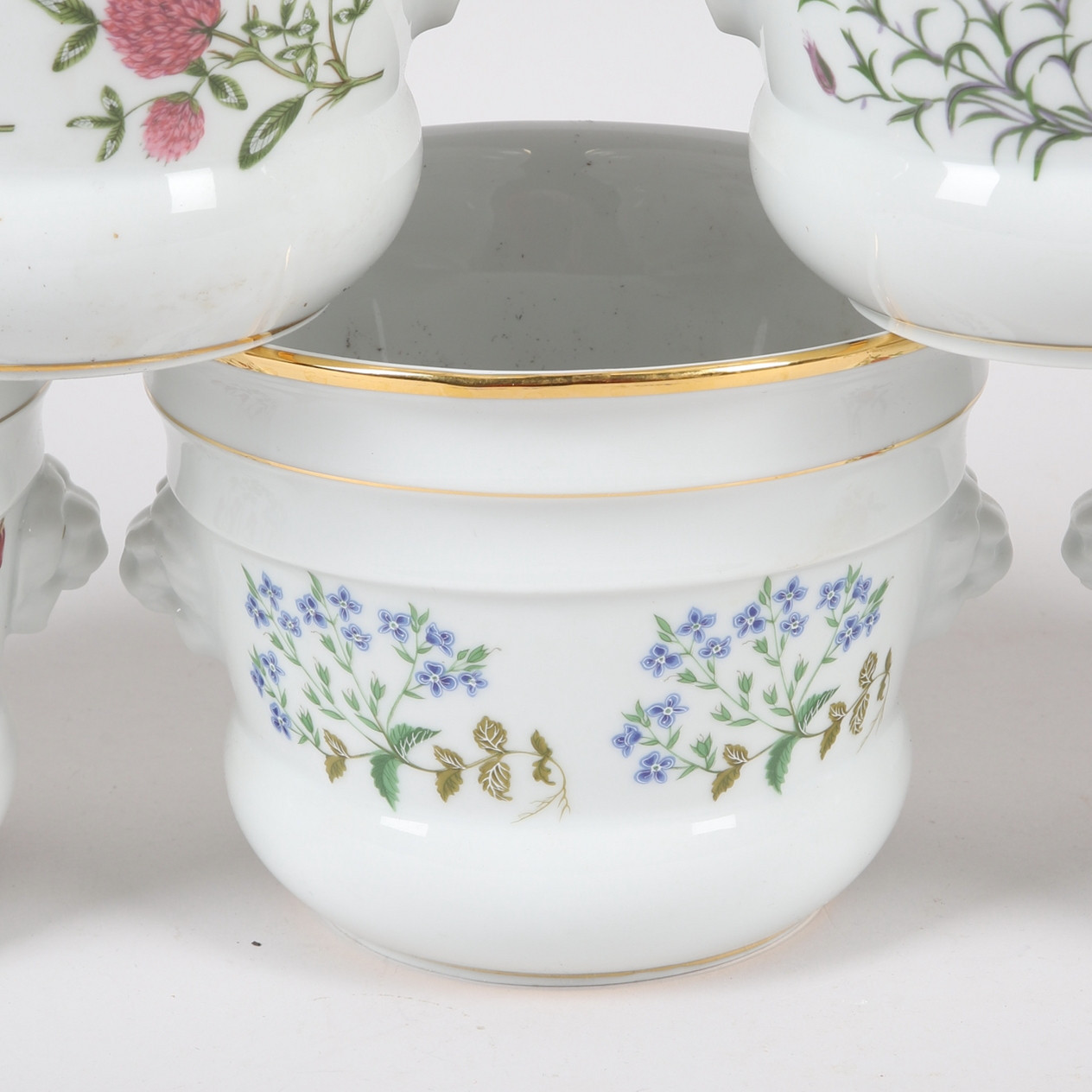 YTTERFODER, 5 st, porslin, Fyrklövern, "Carl von Linné", Königl. Pr. Tettau, Tyskland, 1980-tal.