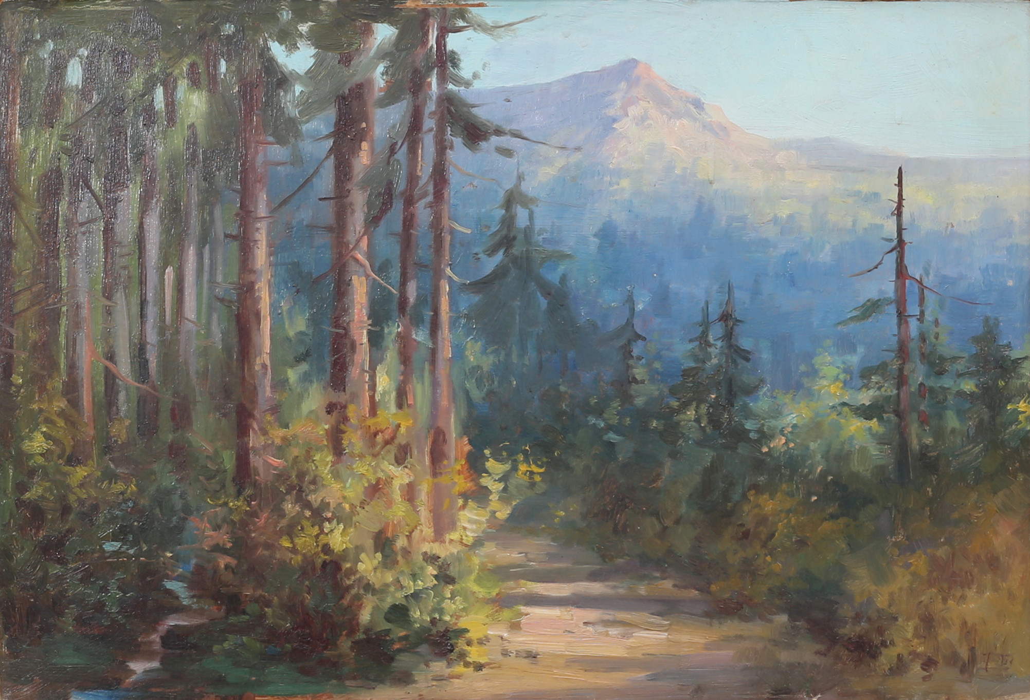 OIDENTIFIERAD KONSTNÄR. Bergslandskap. Olja på pannå, monogramsignerad F. M.