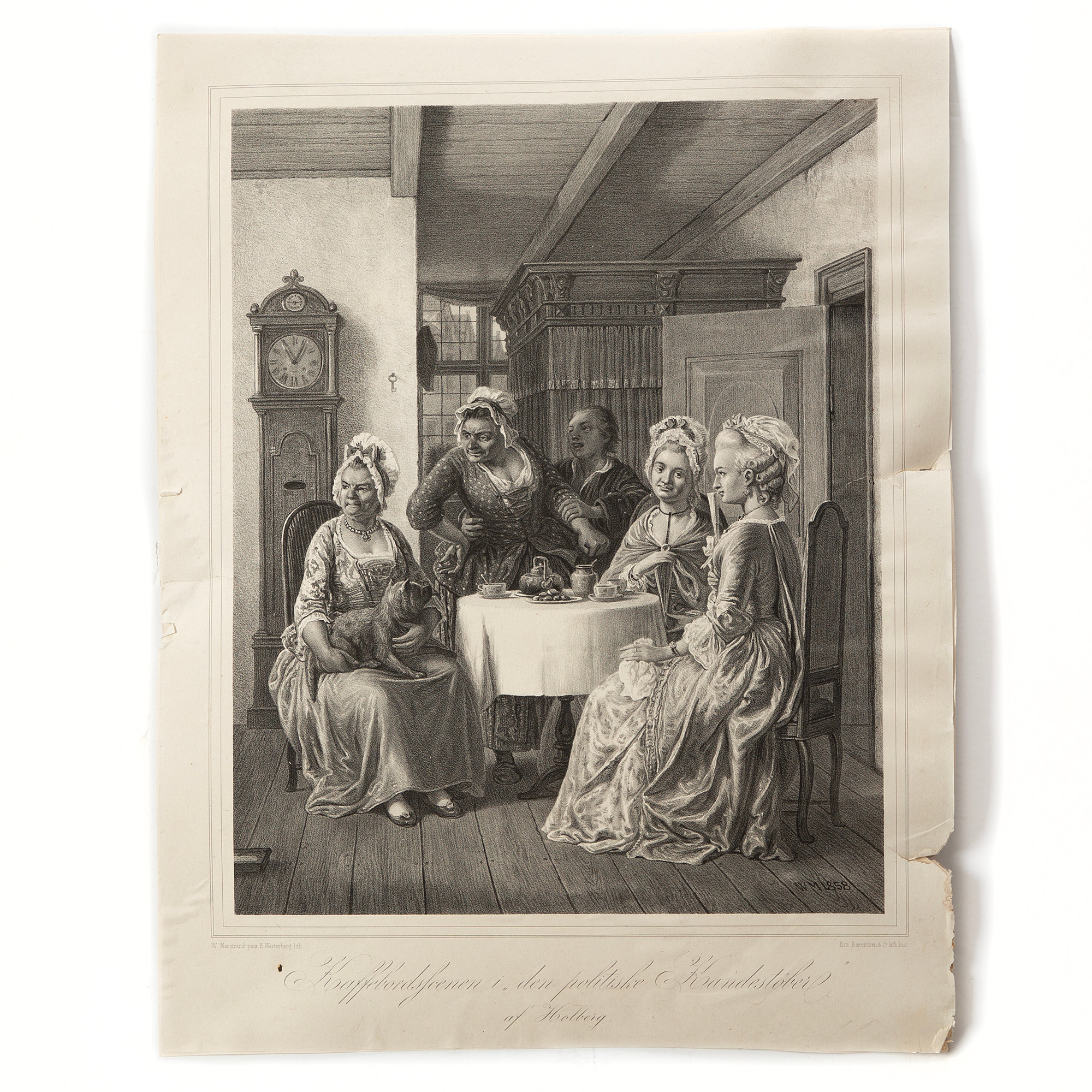 LITOGRAFI, Kaffescenen i "Den politiska kannan" av Holberg, Em. Baerentzens litografiska institut, 1800-talets senare del.