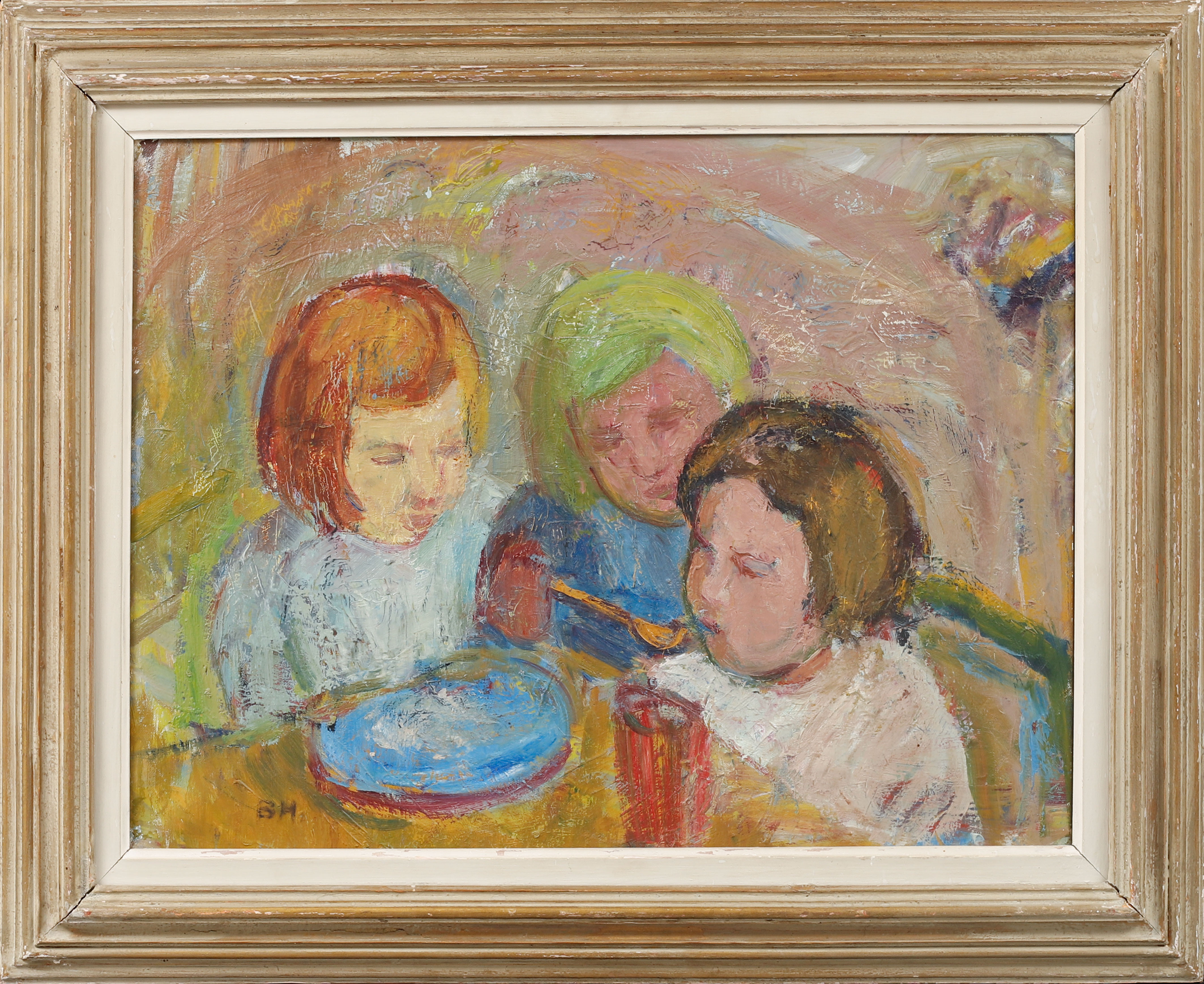 OIDENTIFIERAD KONSTNÄR. Barntrio, olja på duk, signerad B H.