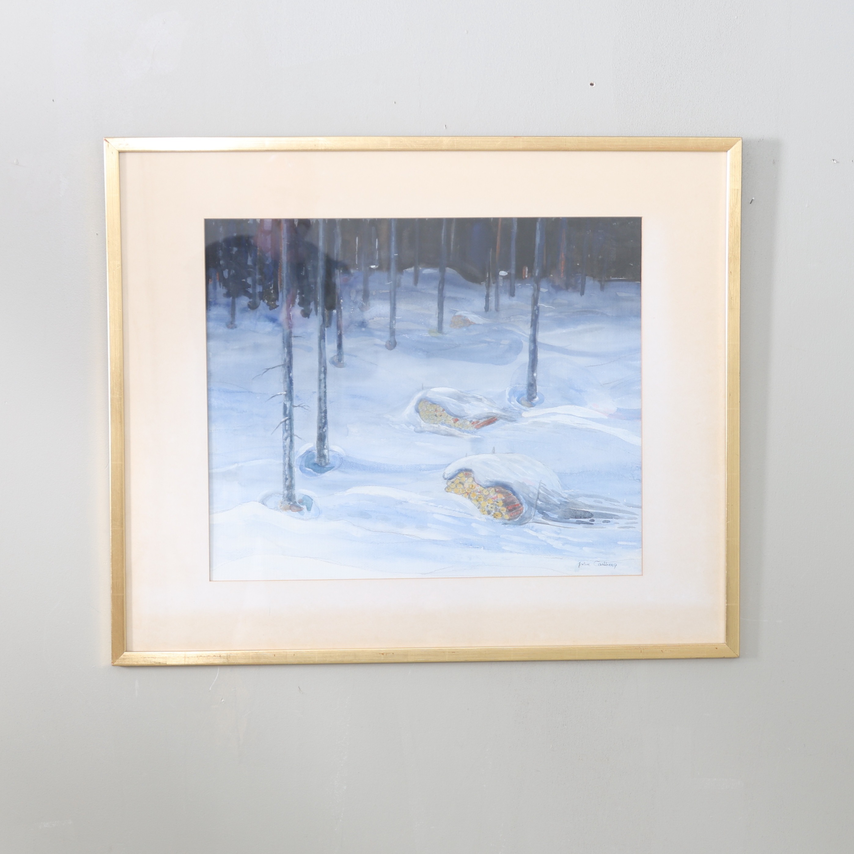 JOHN CARLBERG. "Skog i mars", akvarell, signerad.