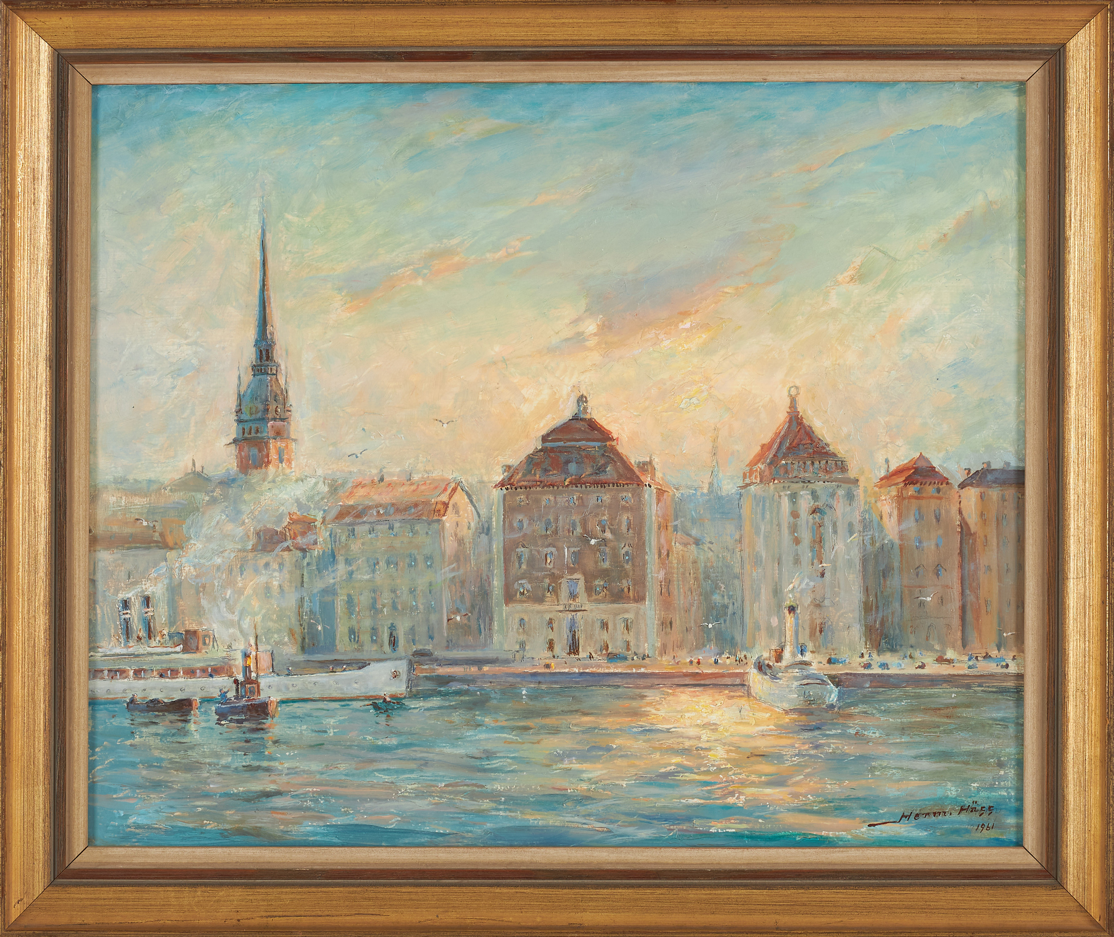 HERMAN HÄGG. Slottsbacken, Gamla Stan, olja på pannå, signerad och daterad 1961.