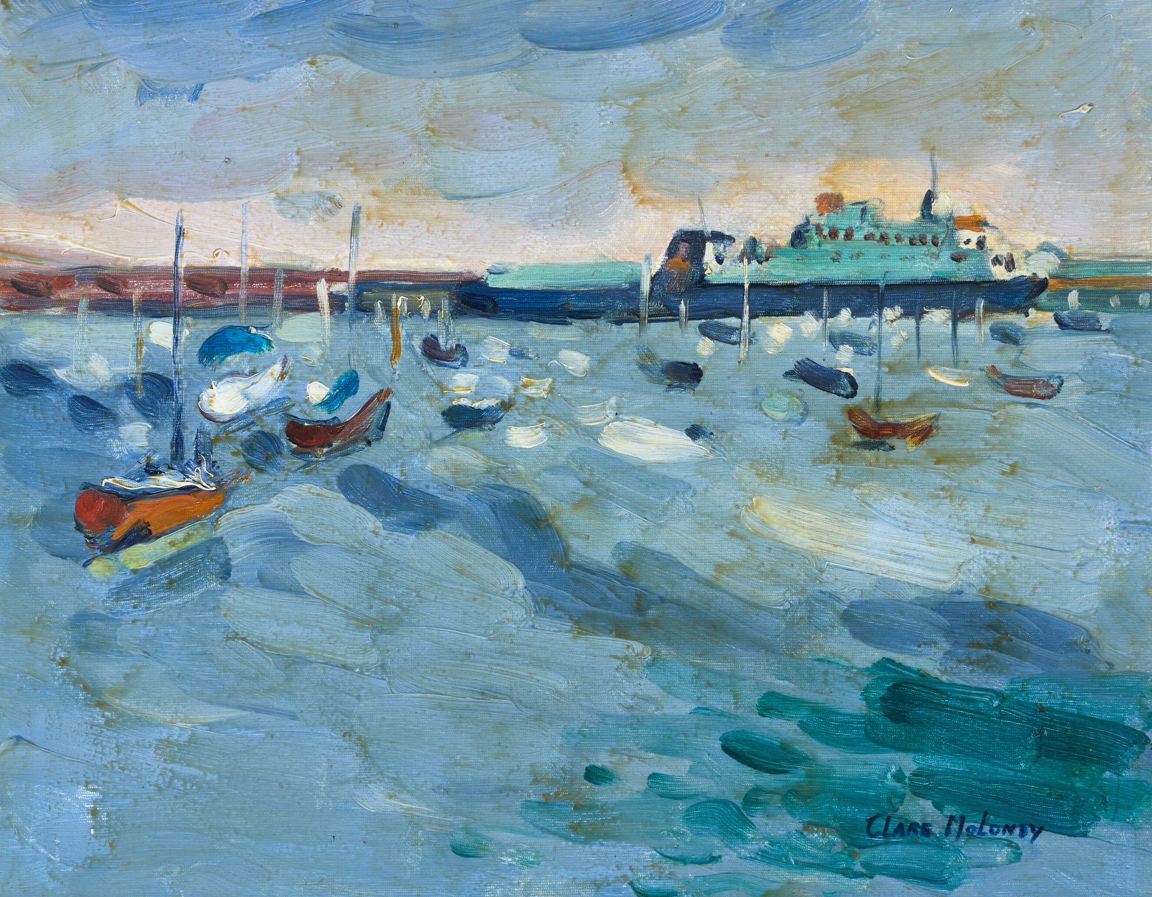 CLARE MOLONEY (Irland, 1900-tal), Båtar i hamn, signerad, olja på papp-pannå.