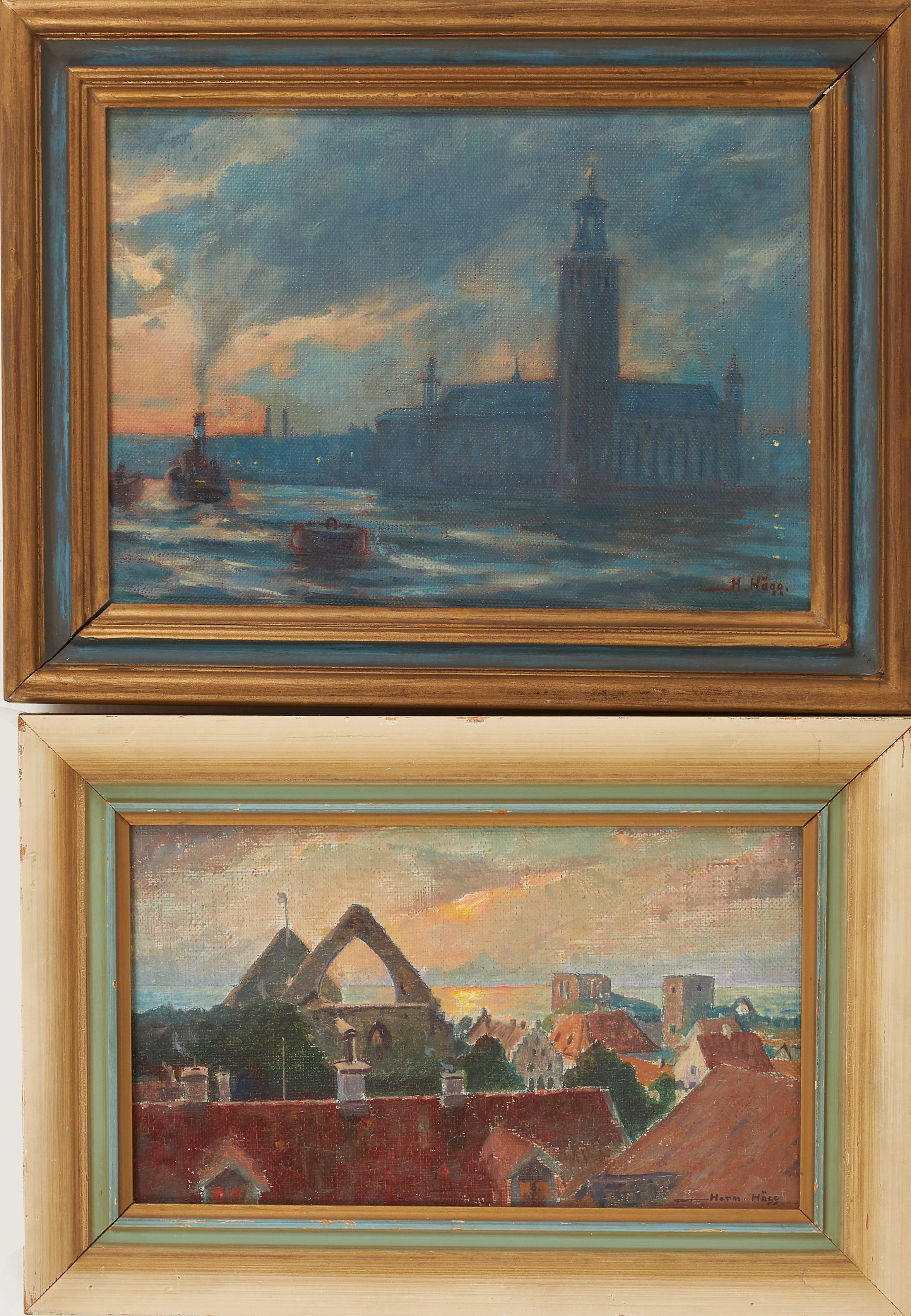 HERMAN HÄGG. 2 st, Motiv från Visby och Stockholm, olja på pannå, signerade.