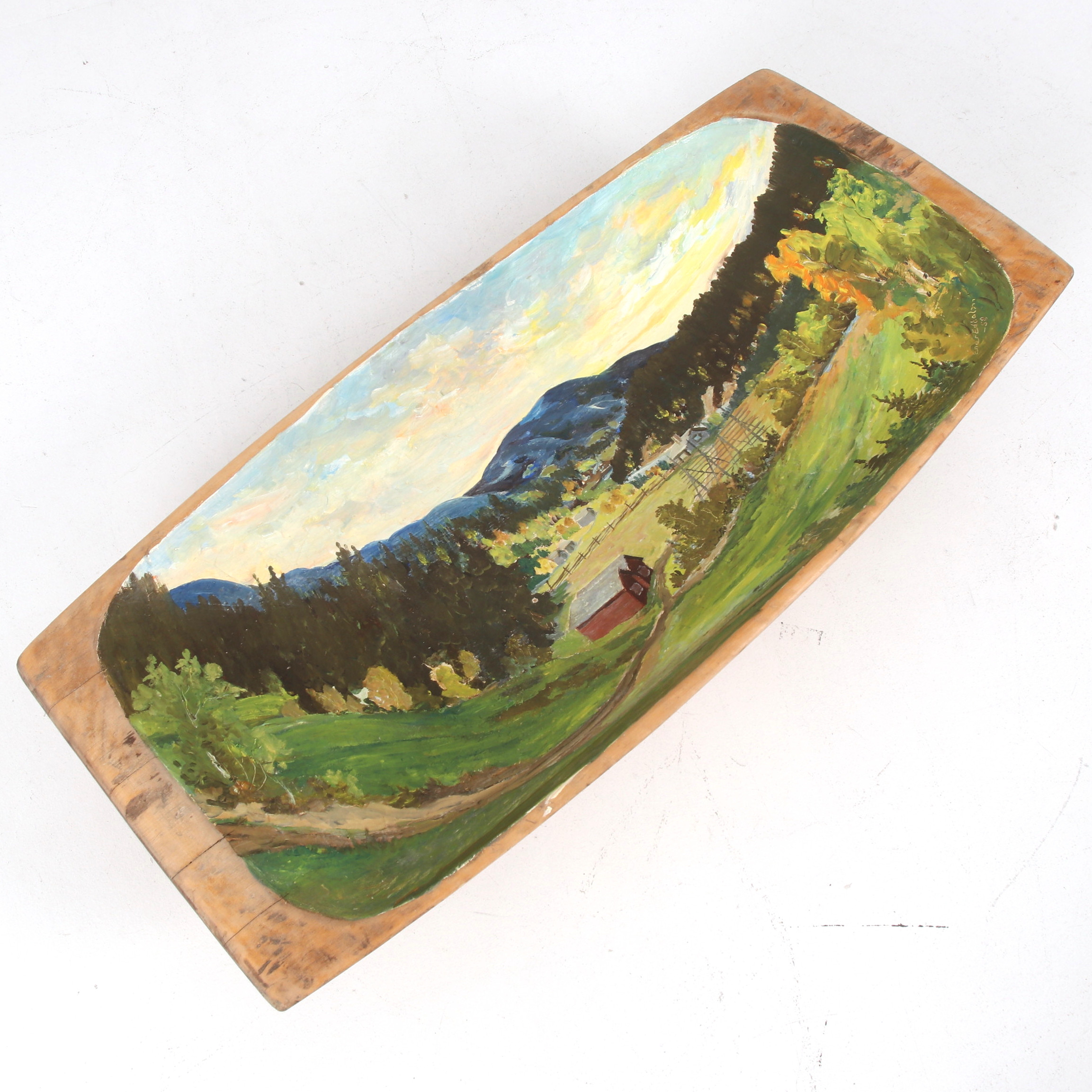 ENAR EDHOLM. Tråg, bemålat med motiv från Indalsävlen, signerad och daterad 1958.