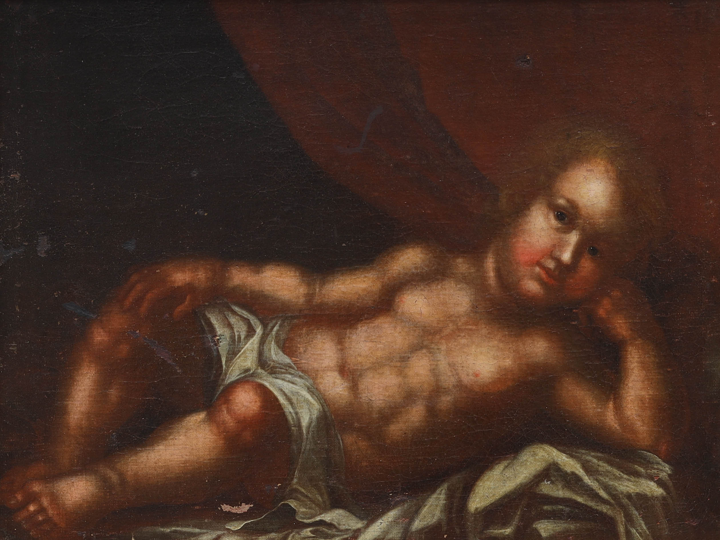 OIDENTIFIERAD KONSTNÄR. olja på duk, vilande Putto, osignerad, 17/1800-tal.