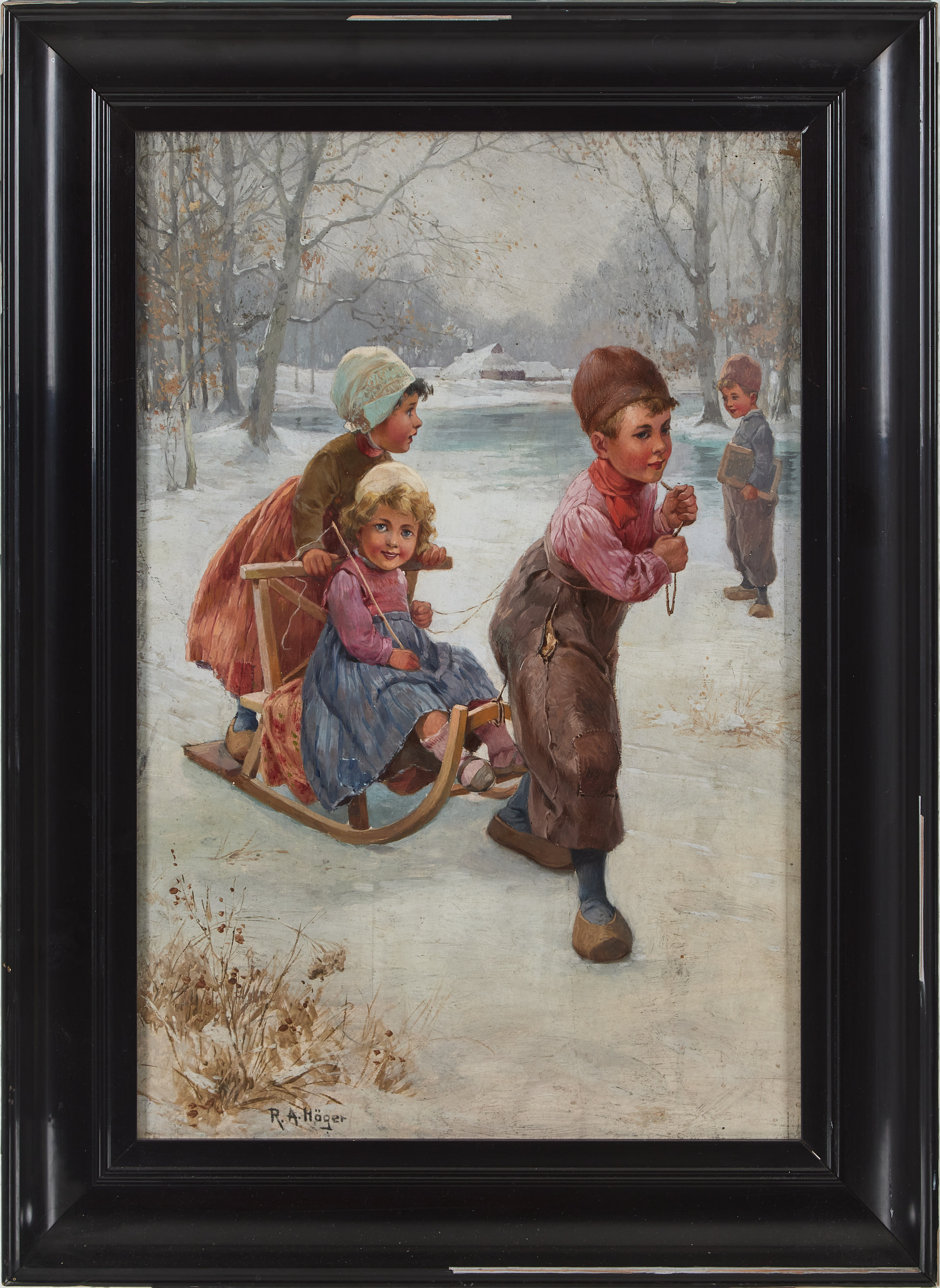 OKÄND KONSTNÄR. "Kinder", olja på pannå, signerad R.A Höger.