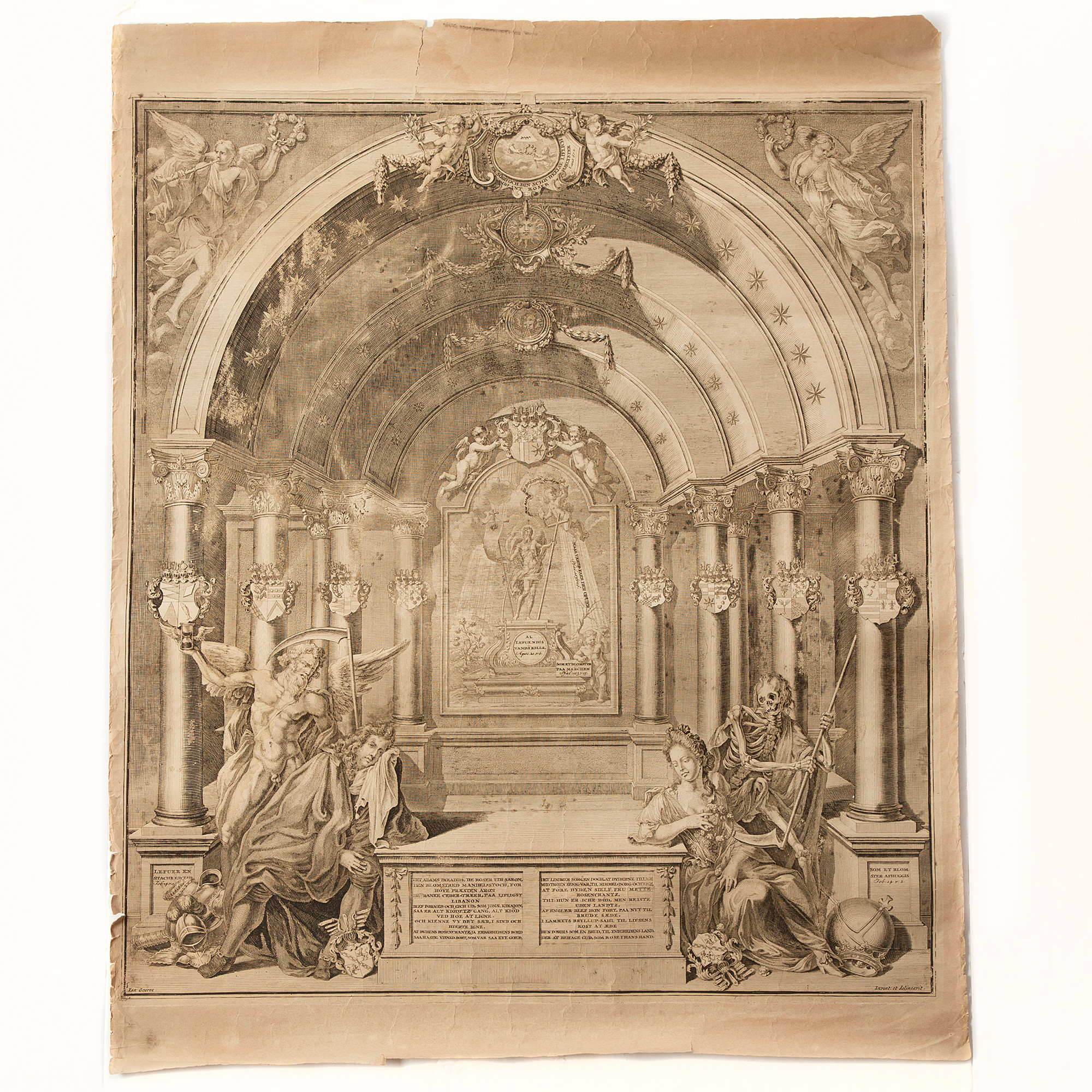 JAN GOEREE. Kopparstick, allegori över Mette Rosencrantz död och begravning, 1600-tal.