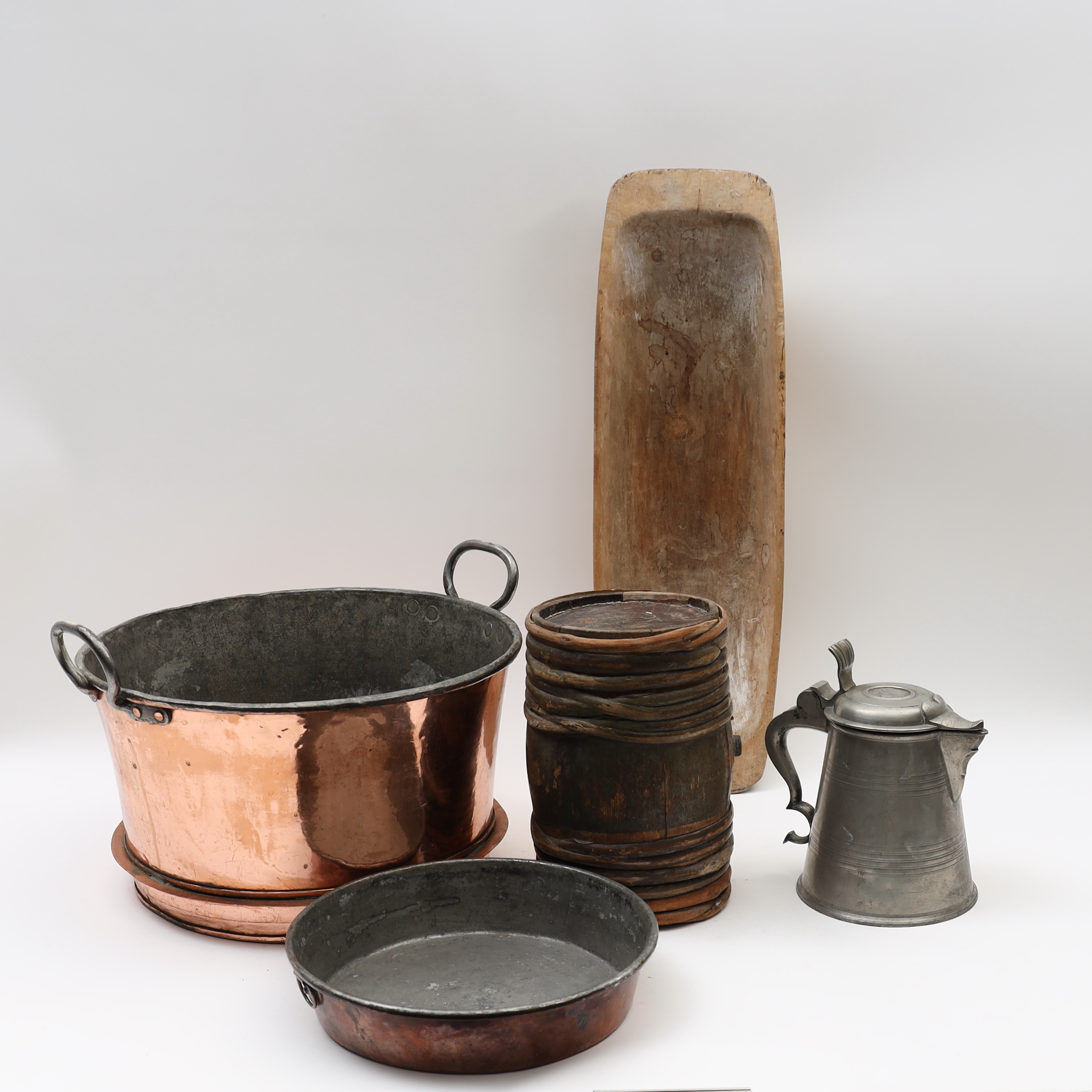 PARTI 5 DELAR, tråg 1800tal, kagge, stop i tenn, koppar 2 delar.