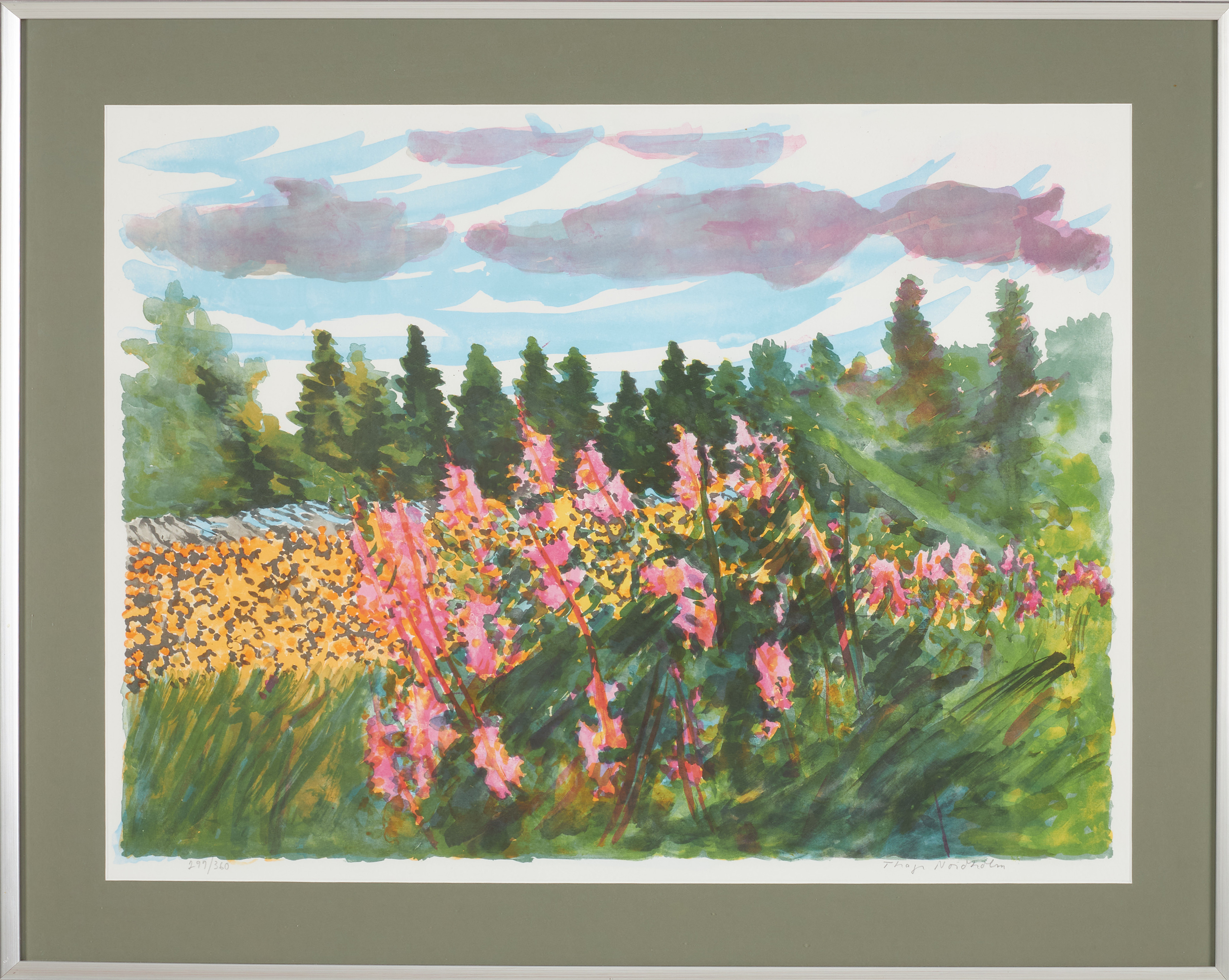 THAGE NORDHOLM. Landskap med blomster, färglitografi, signerad och numrerad 299/360.