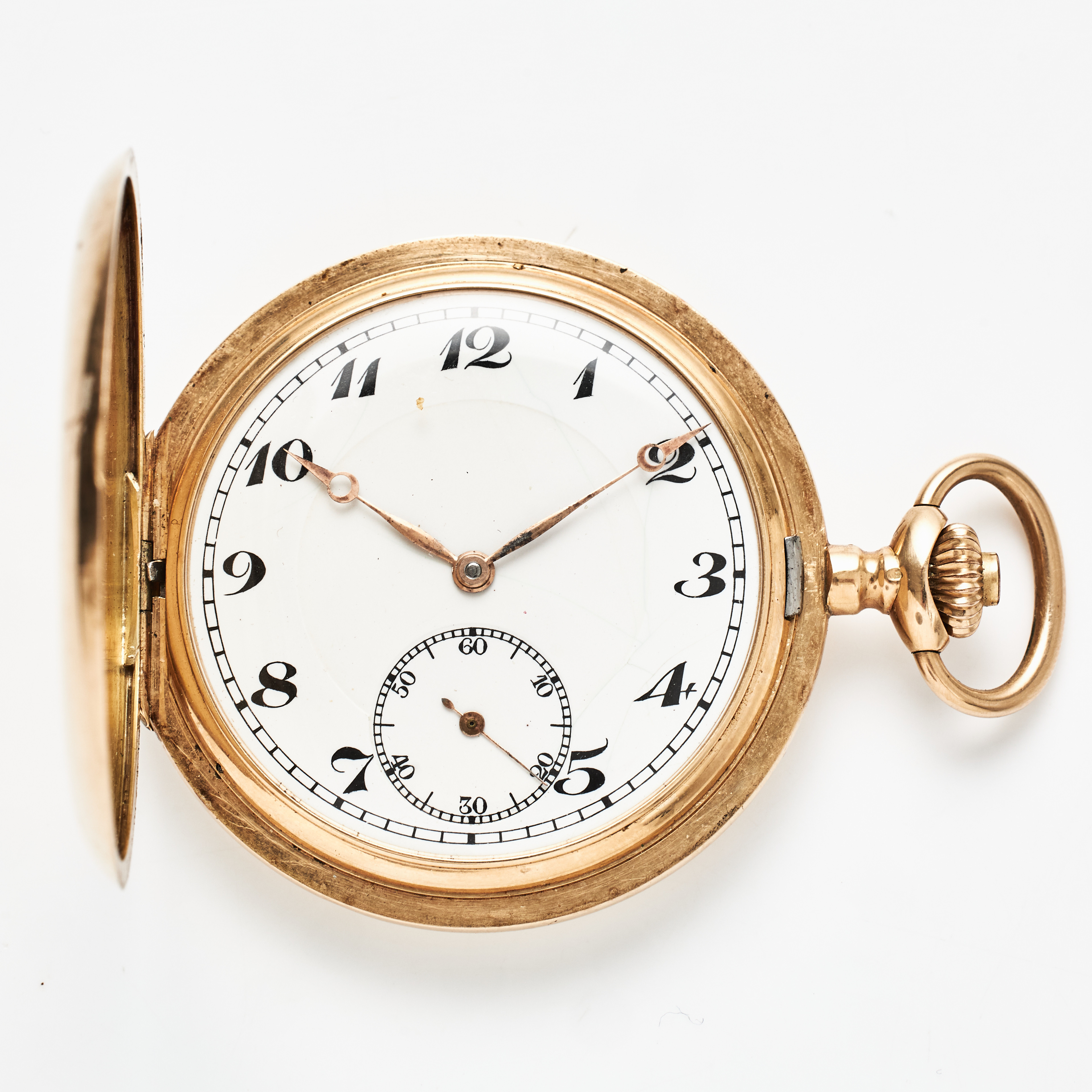 PHENIX, fickur, 14 k guld, savonett, vitemaljerad urtavla, arabiska siffror, plexiglas, innerlock i oädel metall, 1930-tal.