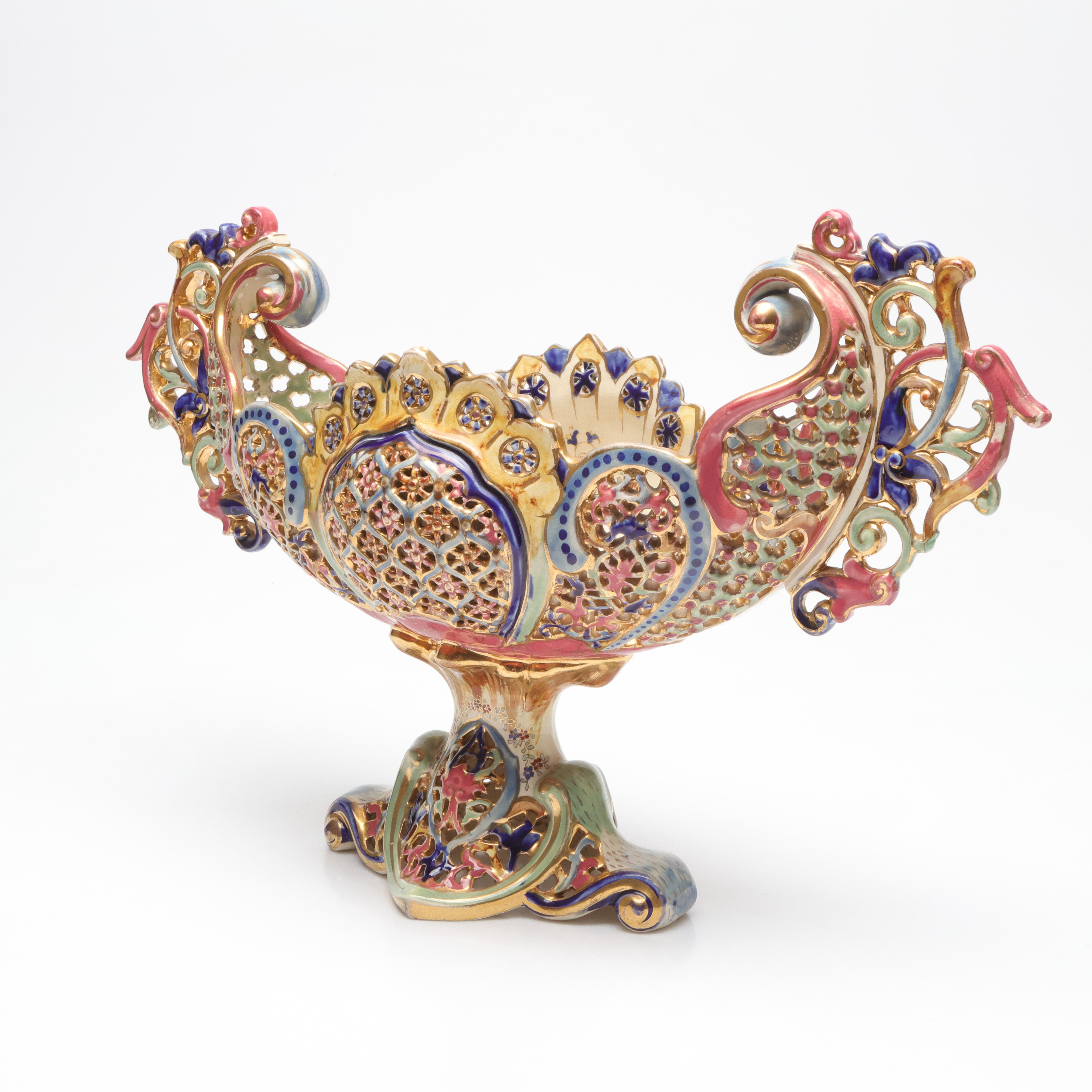 JARDINIERE/UPPSATSSKÅL, majolika, troligen Fischer, Budapest, Ungern, 18/1900-tal.