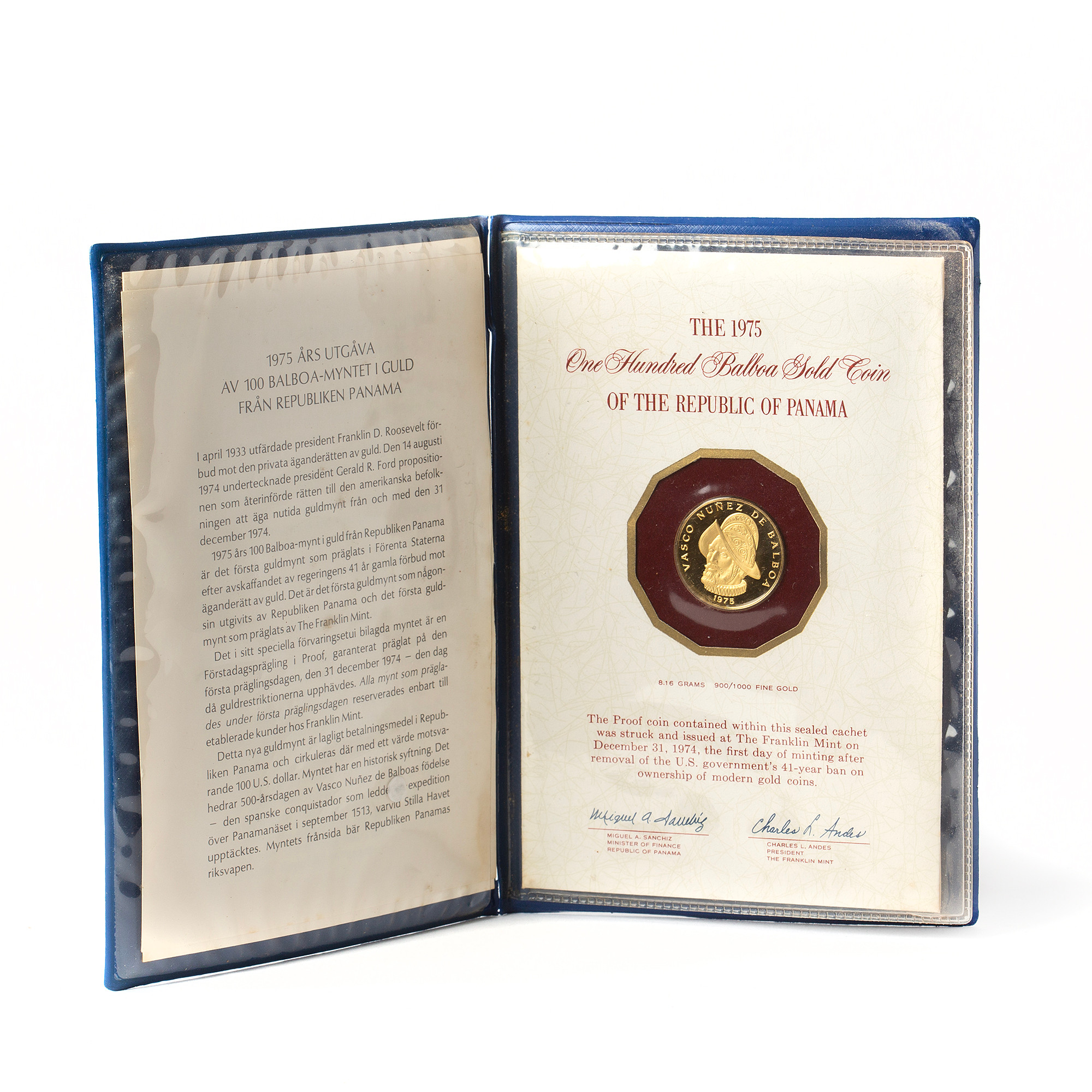 MYNT, 21,6K guld, Republiken Panama, 100 Balboa, präglat av Franklin Mint, 1974.