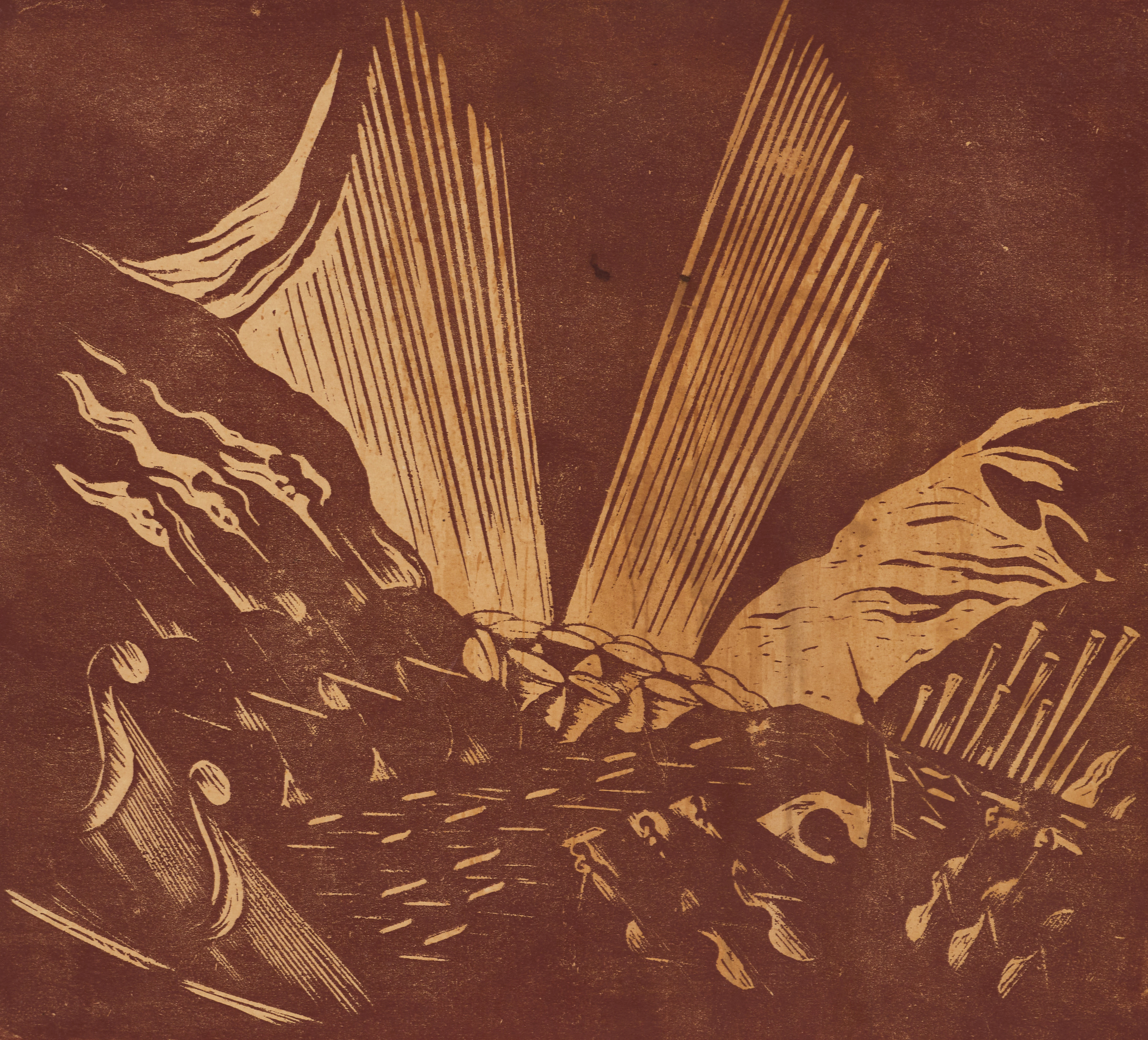 EDITH FISCHERSTRÖM (Sverige, 1881-1967), "Orkester", signerad, originalträsnitt i färg.