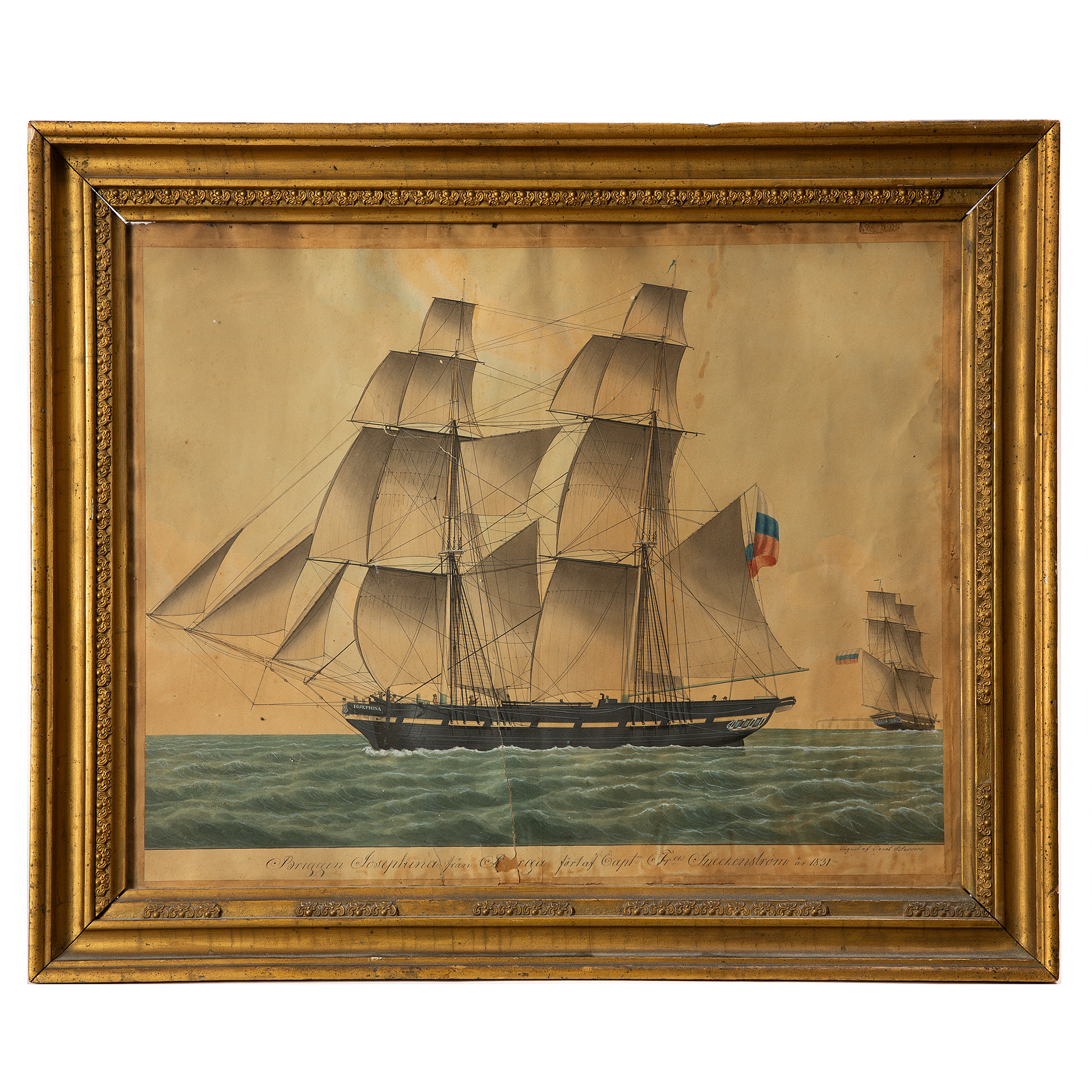 JACOB PETERSEN. Skeppsporträtt av briggen Josephina, blandteknik, 1831.