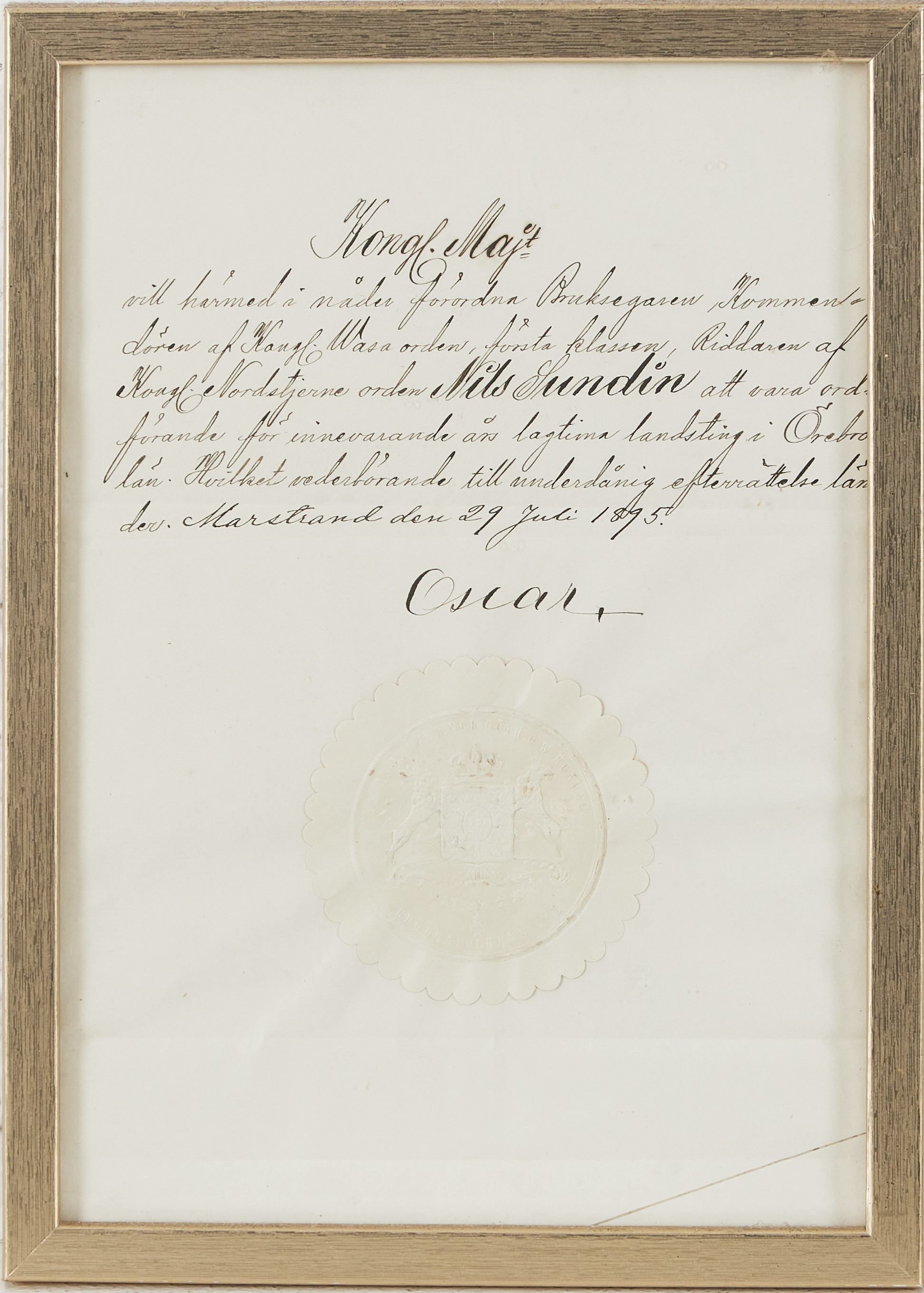 DOKUMENT SIGNERAT OSCAR II, Marstrand 1895, med papersigill.