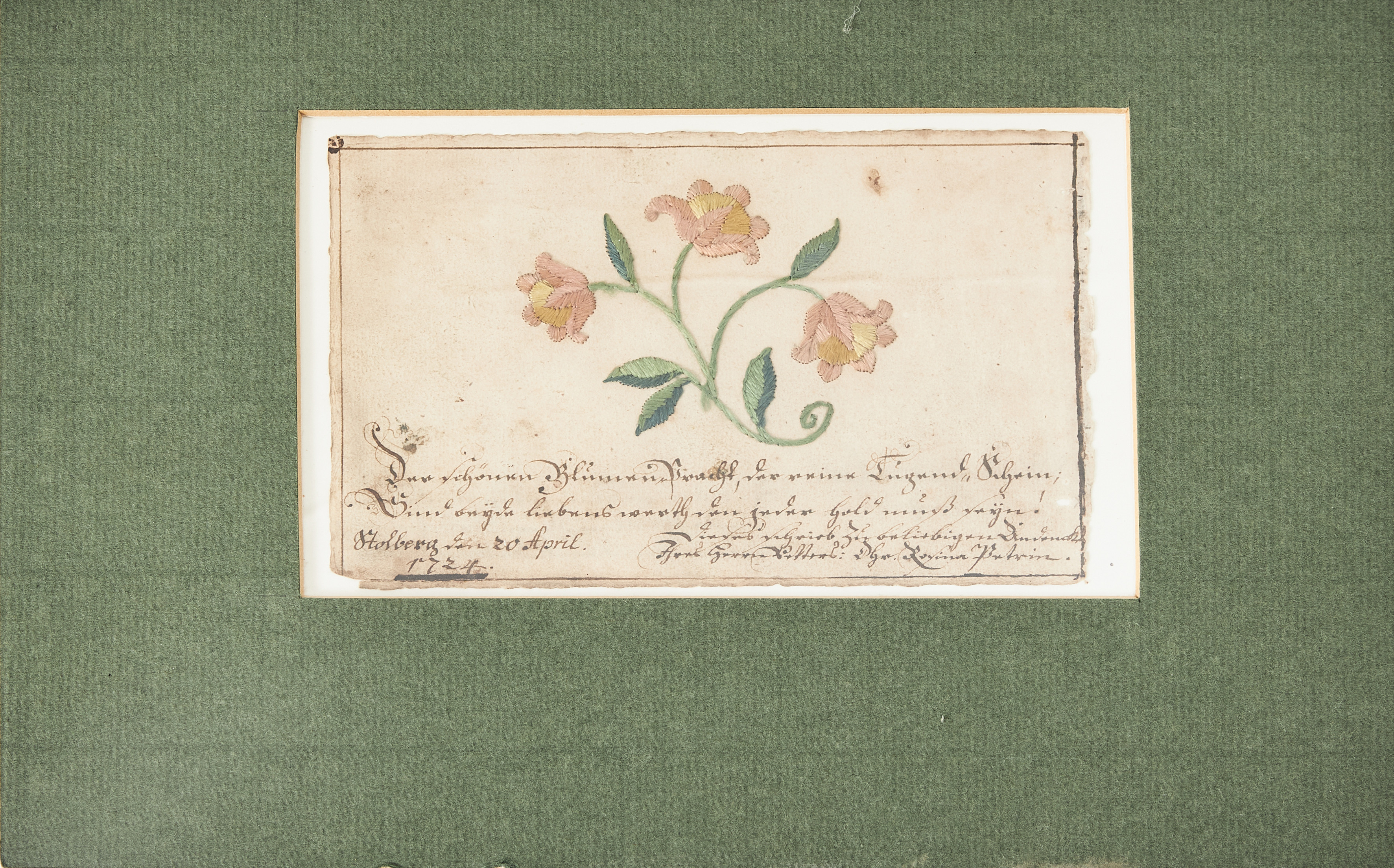 HANDSKRIFT, 1724, med broderad blomma, Tyskland, Stolberg.