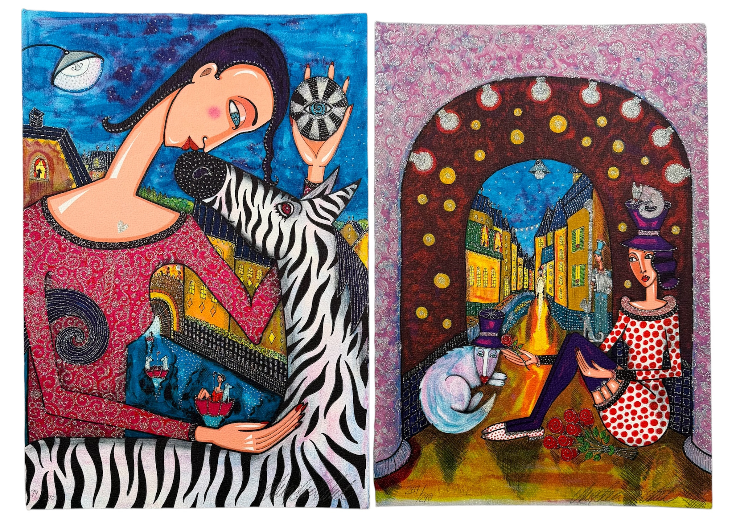 ANGELICA WIIK. (2 st), "Mina drömmars stad" samt "Ögontröst", signerade och numrerade Angelica Wiik, 267/290 respektive 99/290, färglitografi med glitter, oramade.