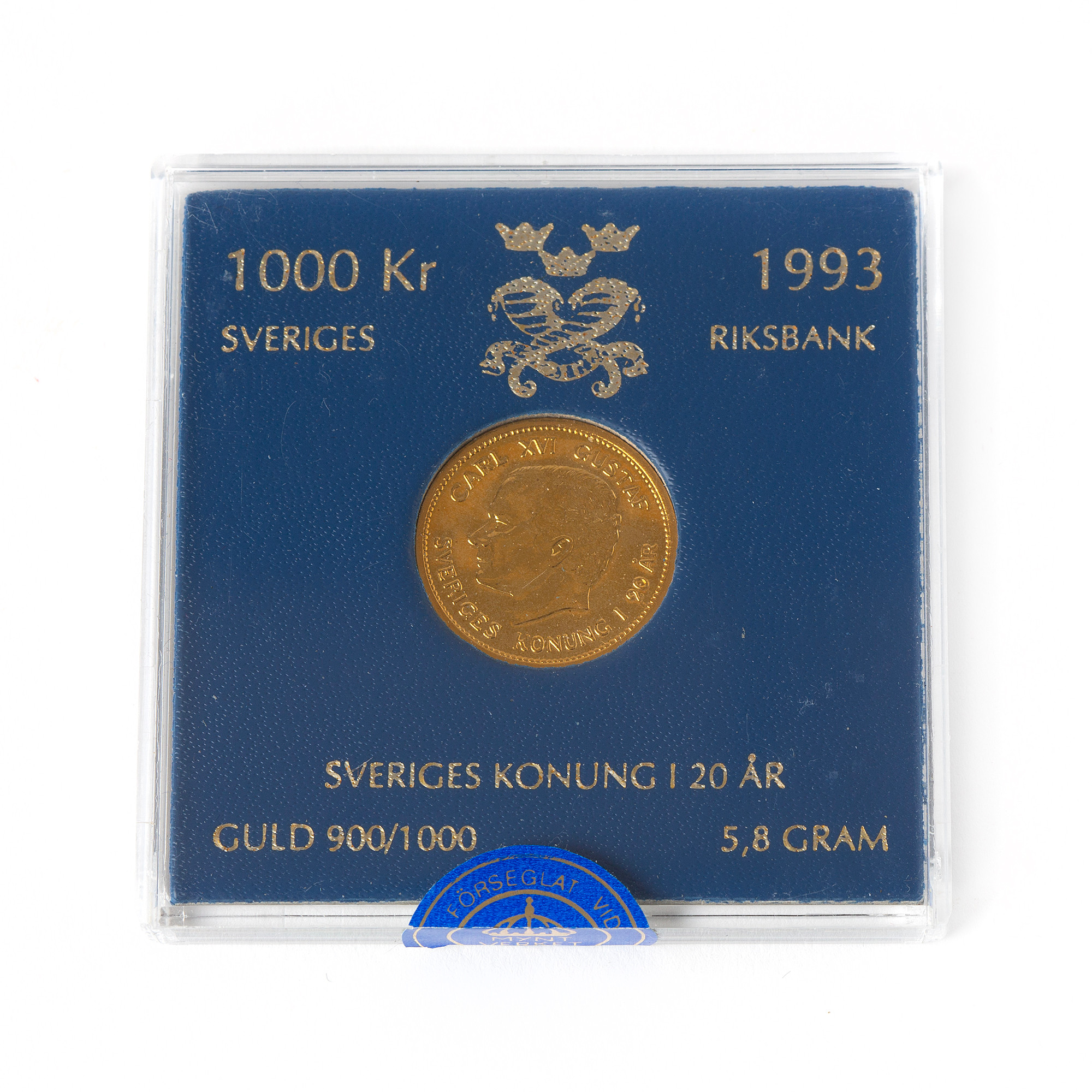MYNT, 21,6K guld, 1000 kr, 1993, Sveriges konung i 20 år, 1993.