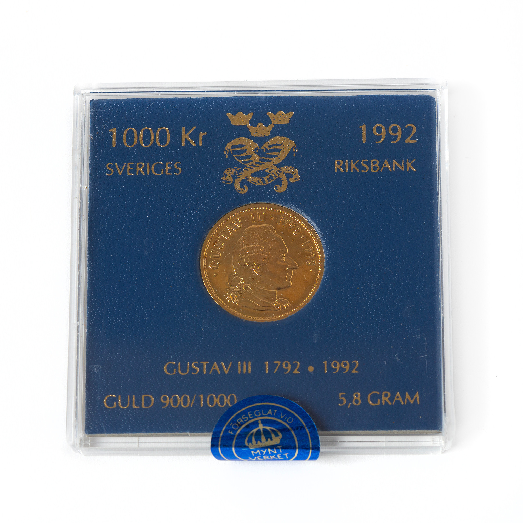 MYNT, 21,6K guld, 1000 kr, Gustav III 1792 - 1992, 1992.