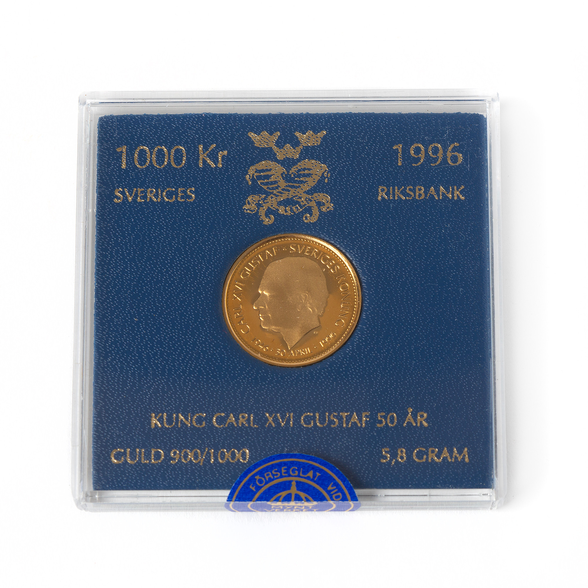 MYNT, 21,6K guld, 1000 kr, Kung Carl XVI Gustaf 50 år, 1996.