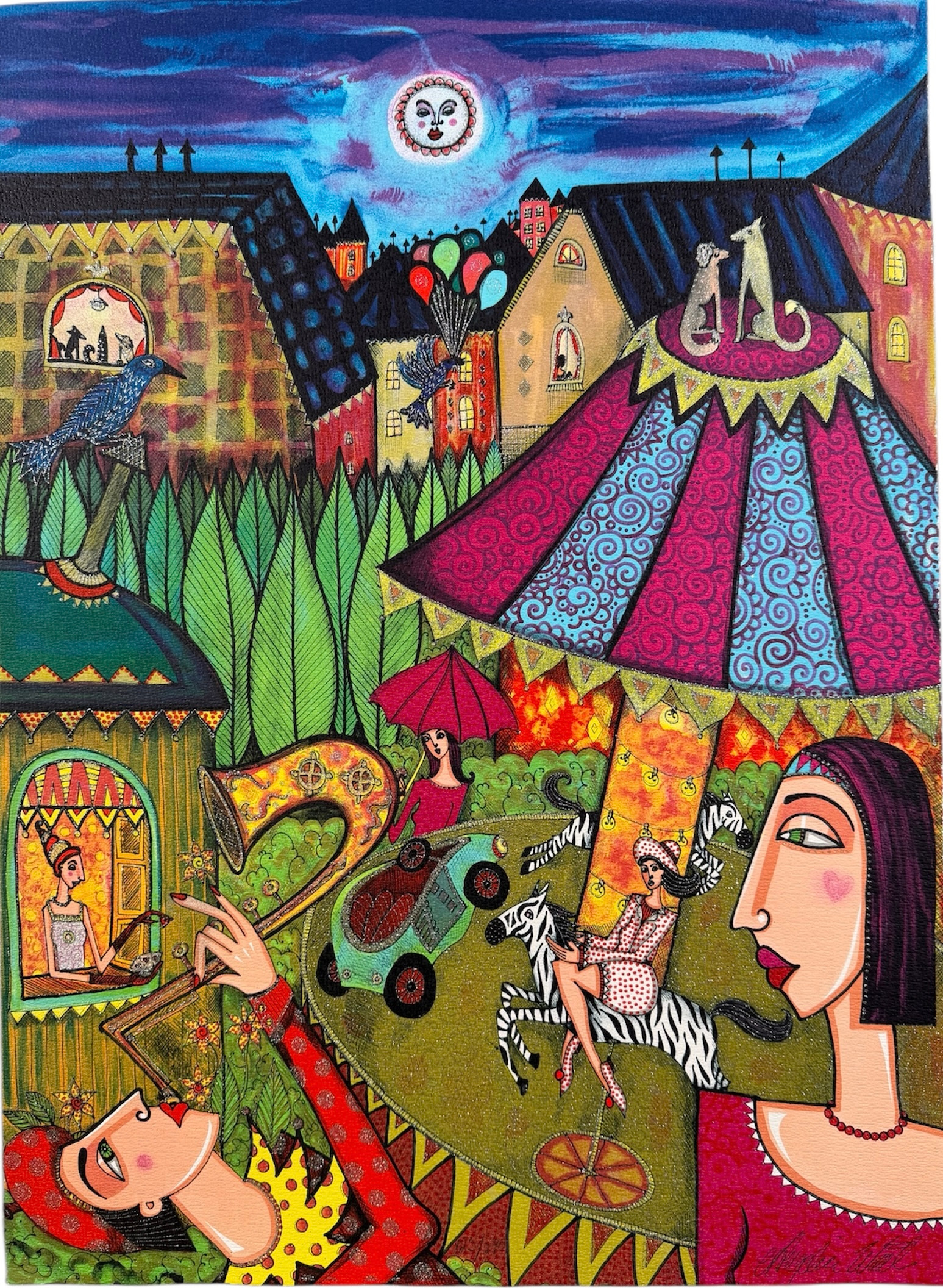 ANGELICA WIIK. "Karusell", färglitografi med glitter, signerad och numrerad 123/290.