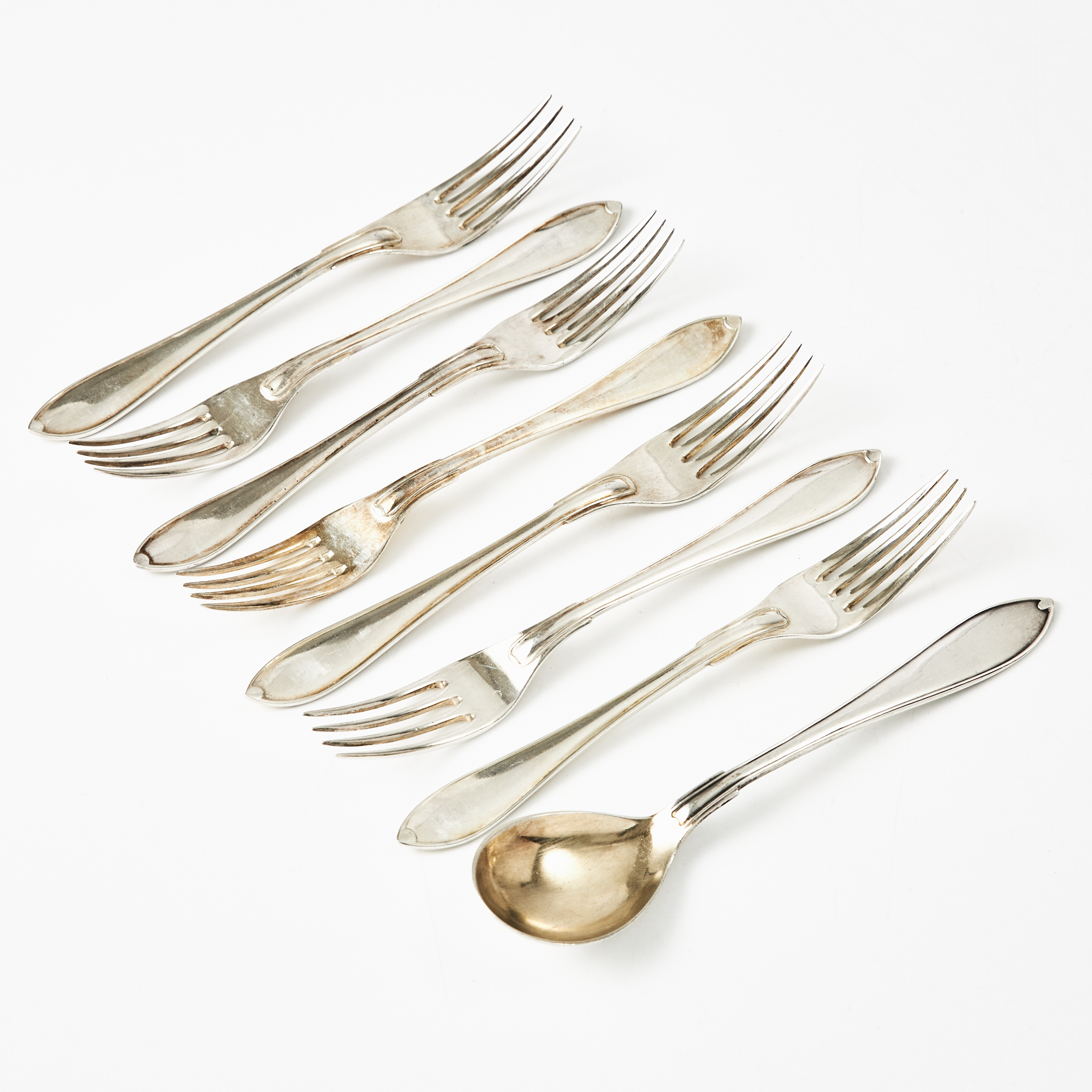 EFTERÄTTSGAFFLAR, 7 st, SKED, 1 st, silver, stämplade GAB, Stockholm (varierande årsstämplar) respektive Aktiebolaget Bernhard Hertz, Stockholm, 1916.