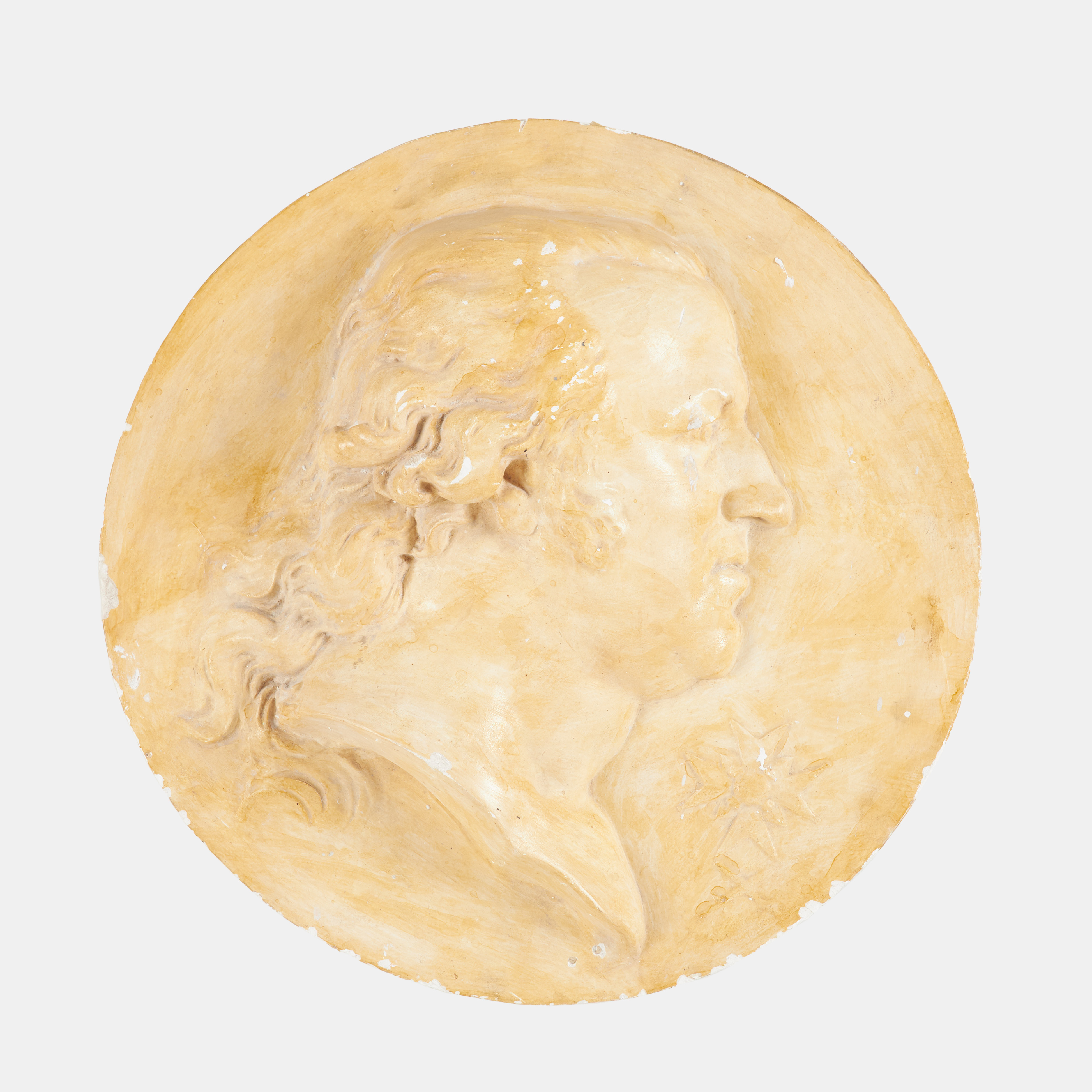 GIPSMEDALJONG, väggrelief, sidoporträtt föreställande Johan af Puke(1751-1816), bemålad.