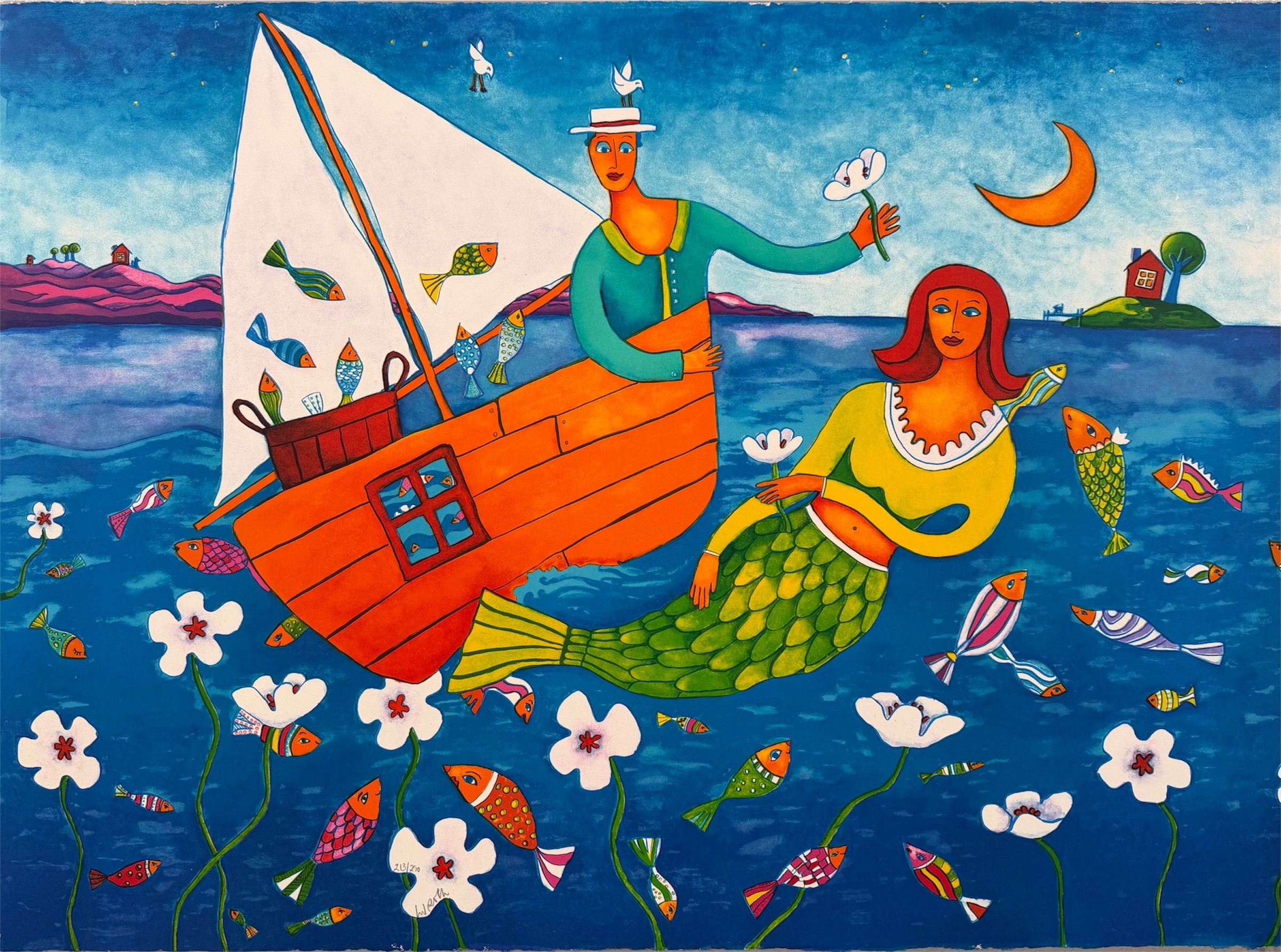 INGRID ROTH (FÖDD 1958). Månskensmöte, färglitografi, signerad och numrerad 213/290.