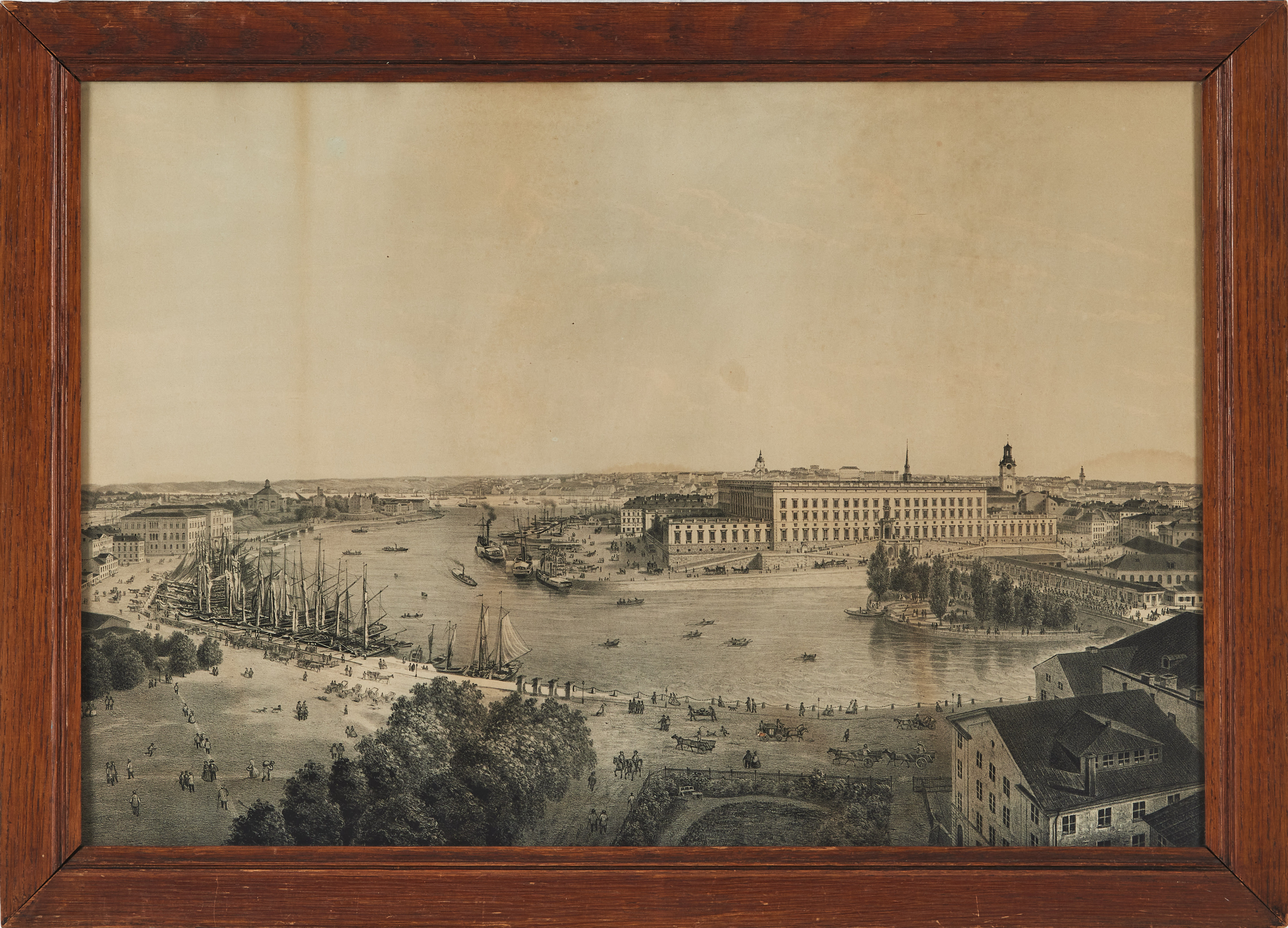 STOCKHOLM sett från Kungsträdgården, litografi, tryckt hos Abraham Lundquist efter fotografi av hovfotograf Johannes Jaeger, omkring år 1870.