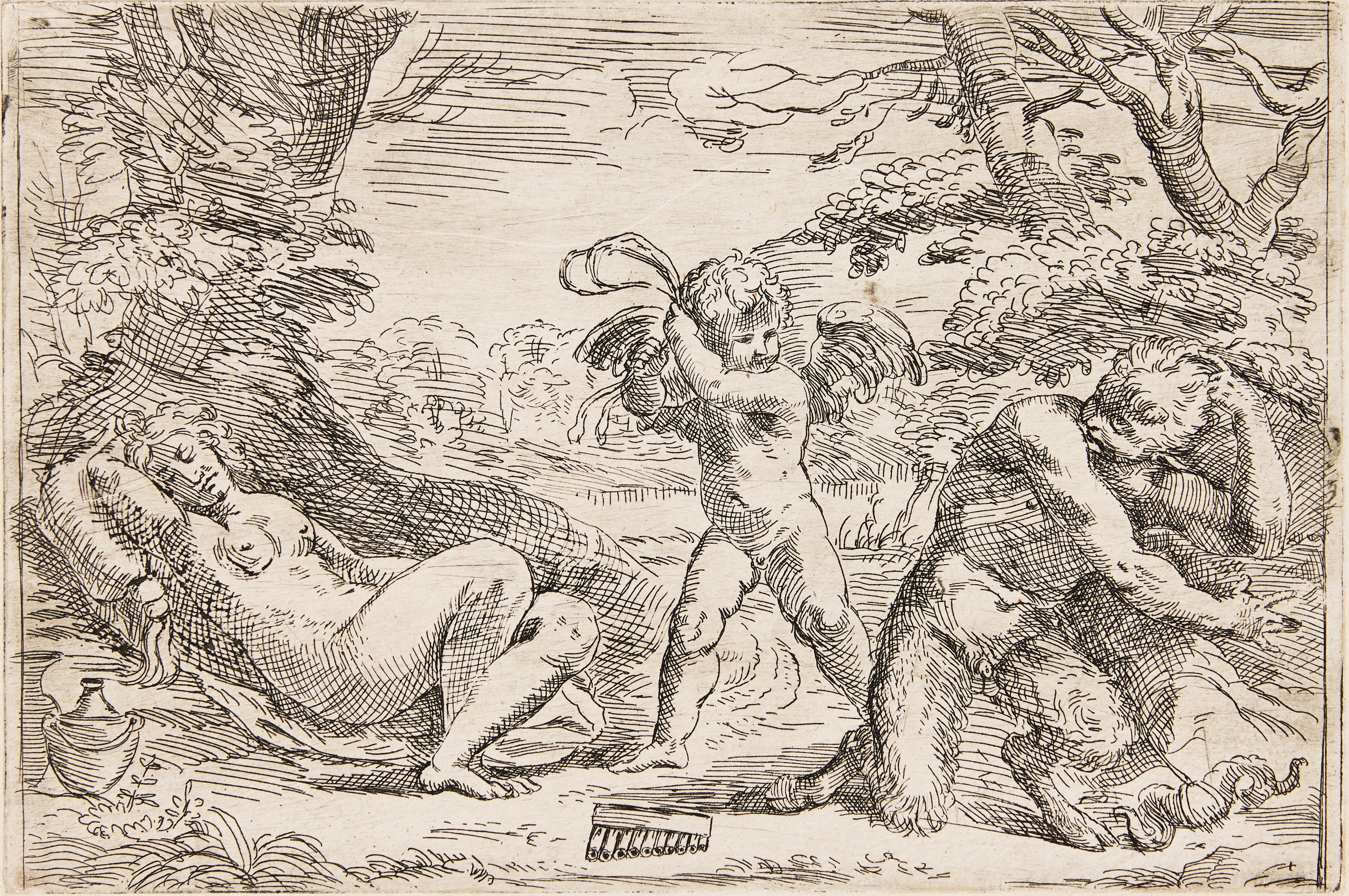 ITALIAN SCHOOL 17TH CENTURY. "Cupid Whipping a Satyr with a Sleeping Nymph in a Landscape".