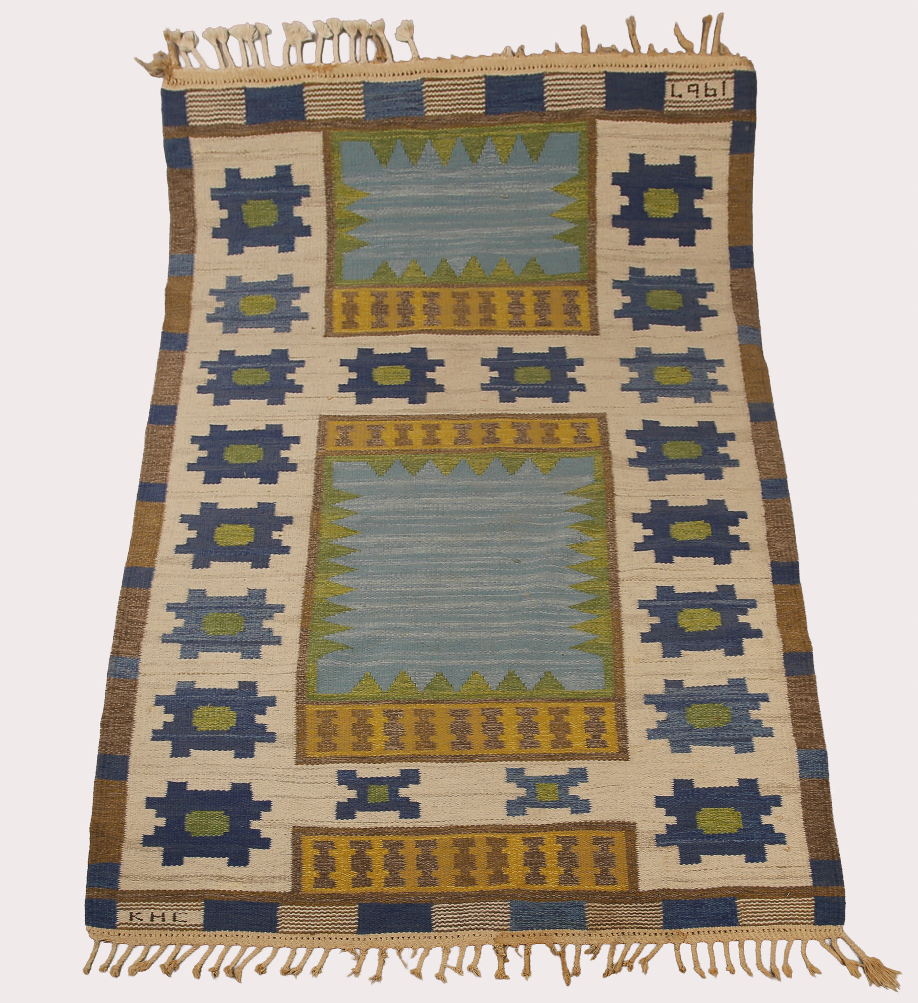 KENNETH HENRY COPE, röllakan, ljus botten. Ljusblått, grönt och gult, mörkare blå. Signerad KHC, daterad -67.