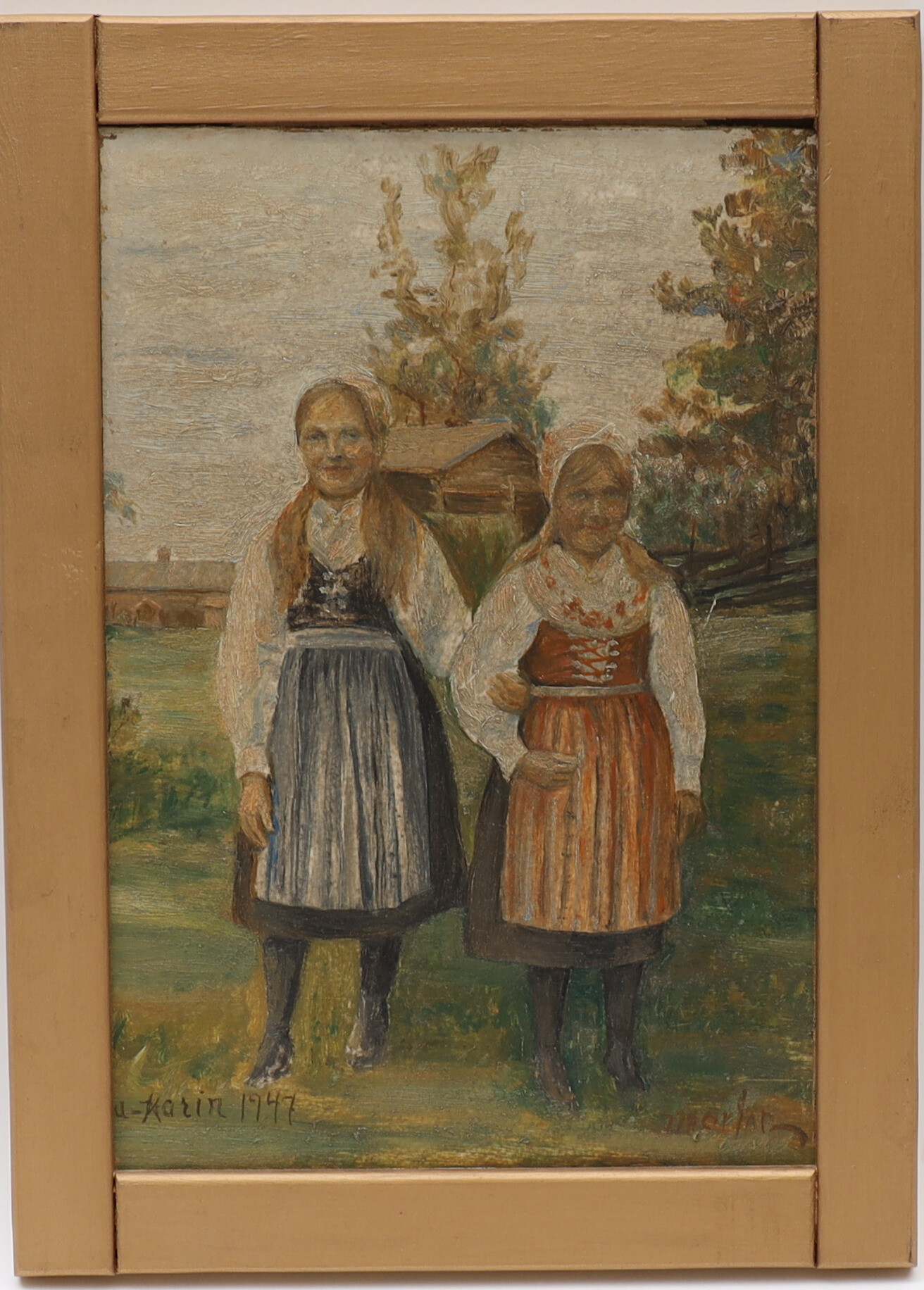 OIDENTIFIERAD KONSTNÄR. Flickor i folkdräkt, oljemålning på pannå, signerad och daterad 1947.