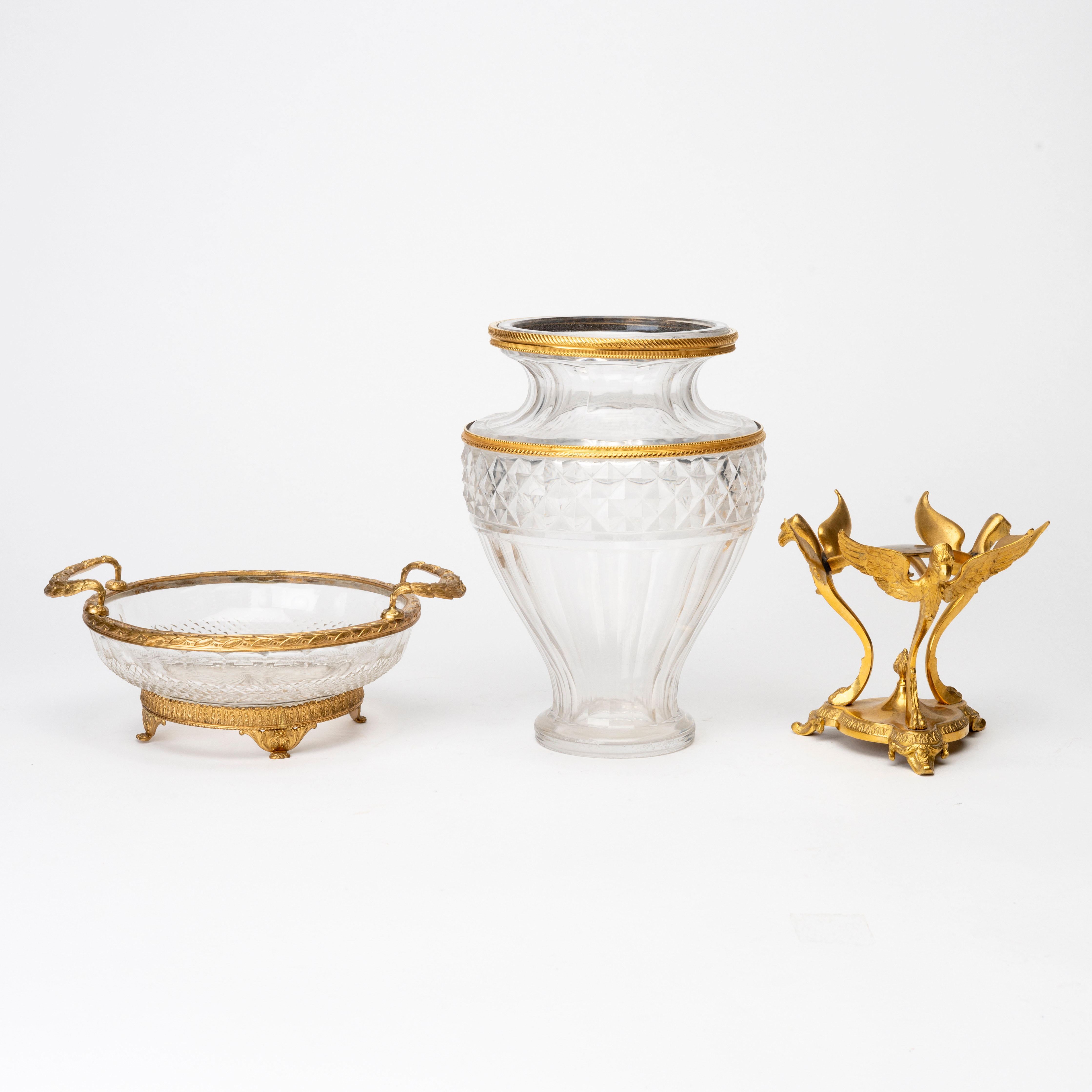 SKÅL, VAS samt UPPSATS, slipat glas, förgylld metall, ,1800/1900-tal.