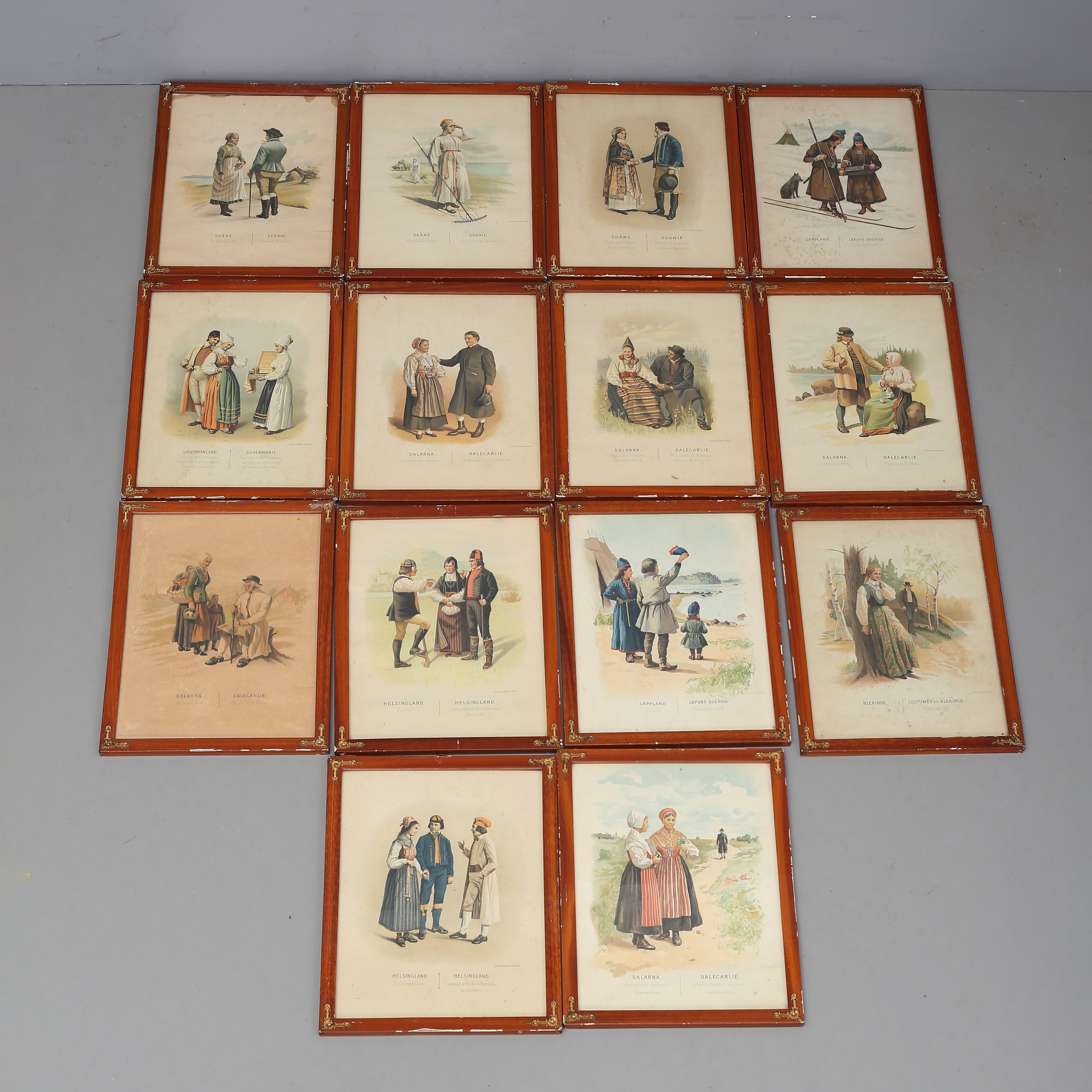 LANDSKAPSDRÄKTER, 14 inramade tryck, Central-Tryckeriet, Stockholm, 1800/1900-tal.