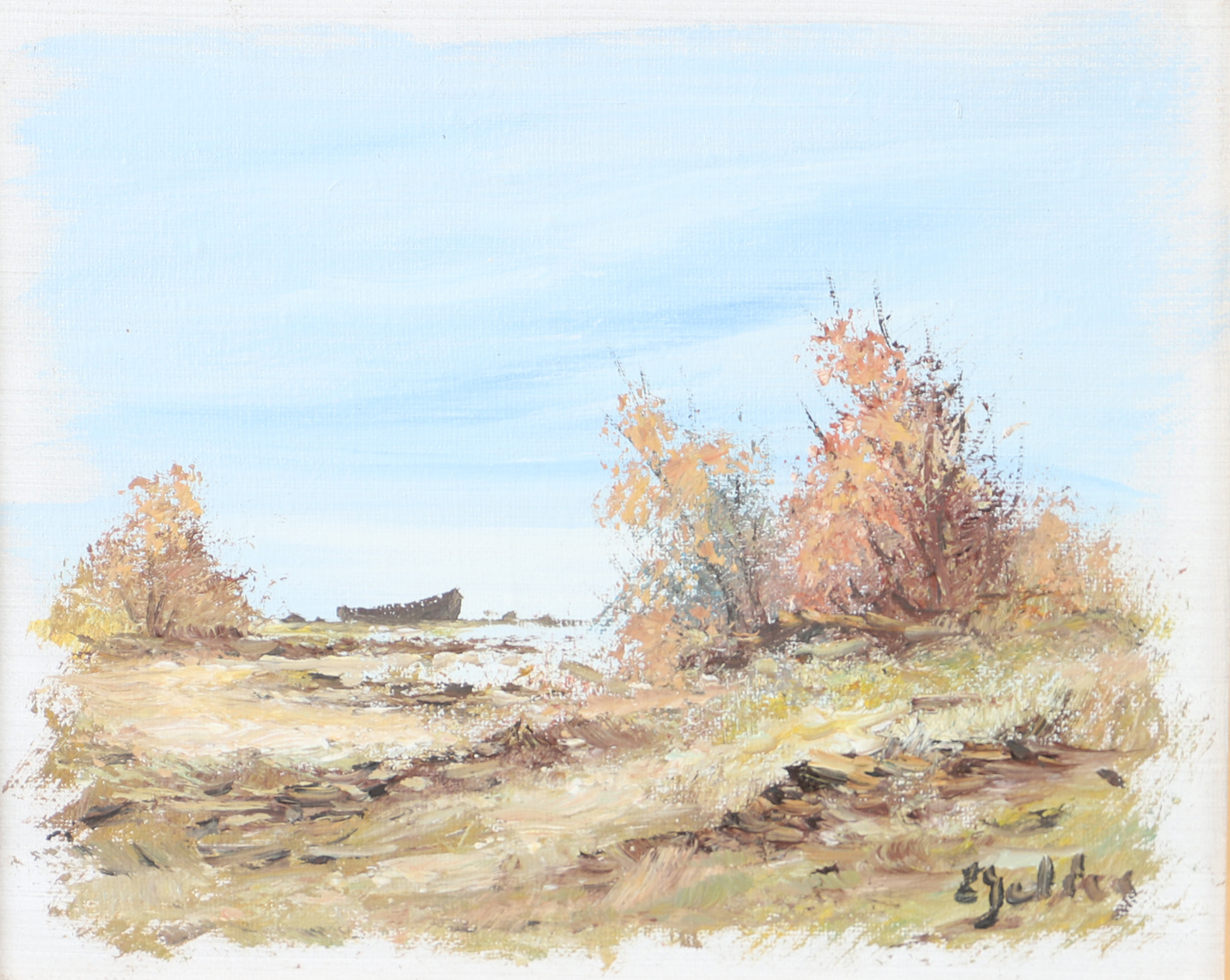 CARL JULIUS. Kustparti med båt, olja på duk, signerad C. Julius.