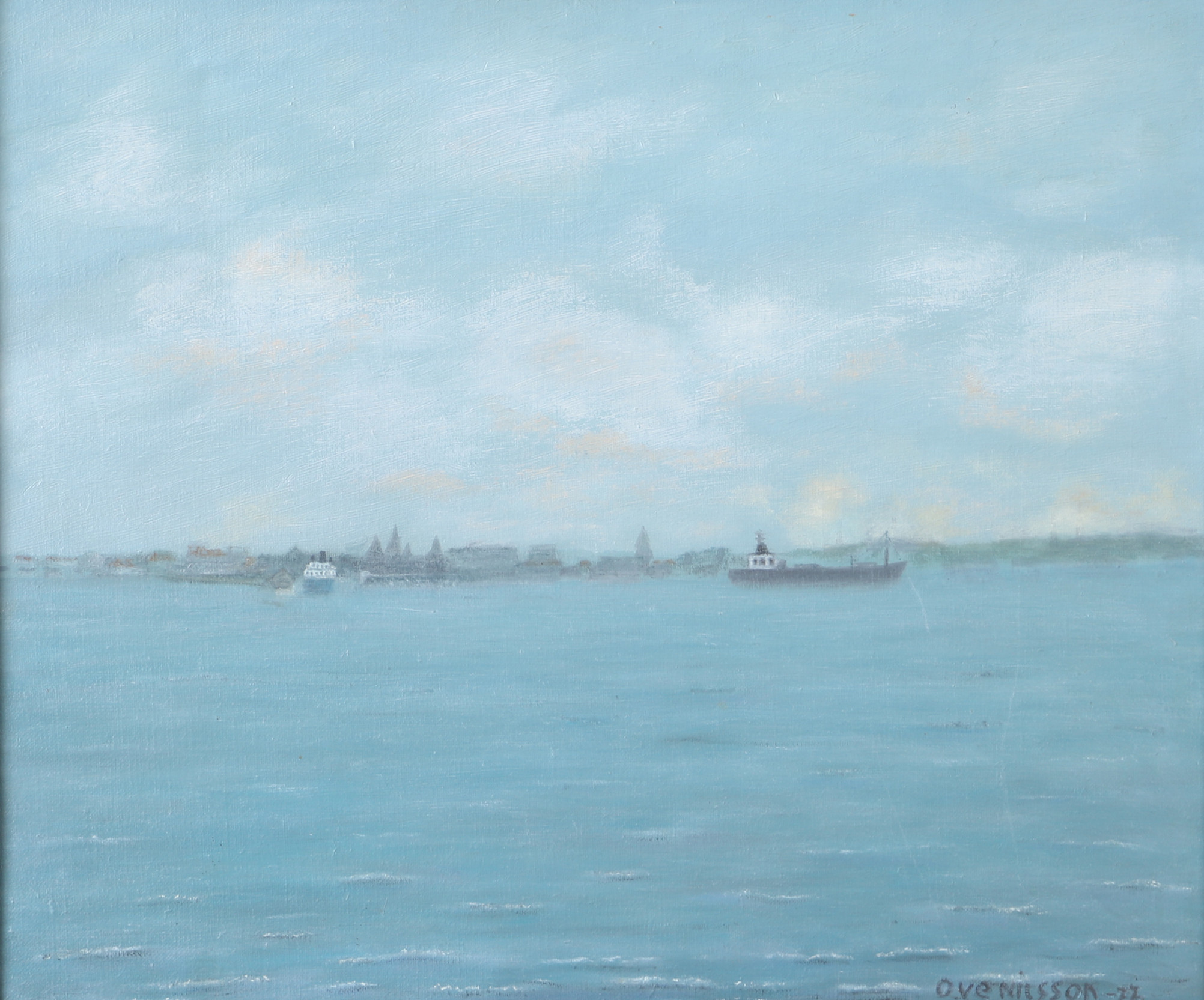 OVE NILSSON. Helsingör från sjösidan, olja på duk, signerad.