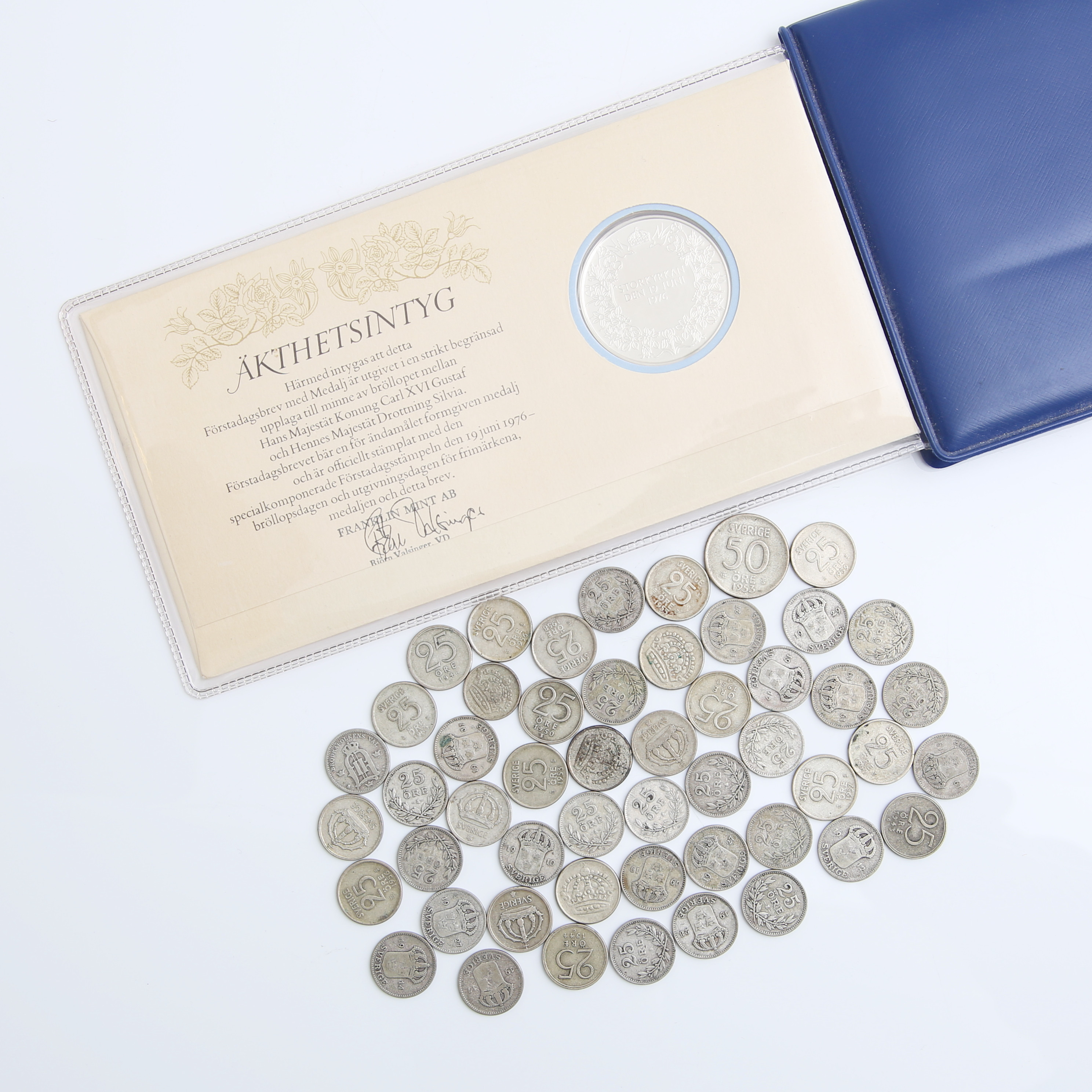 SILVERMYNT 51 st, samt förstadagsbrev, Sverige.