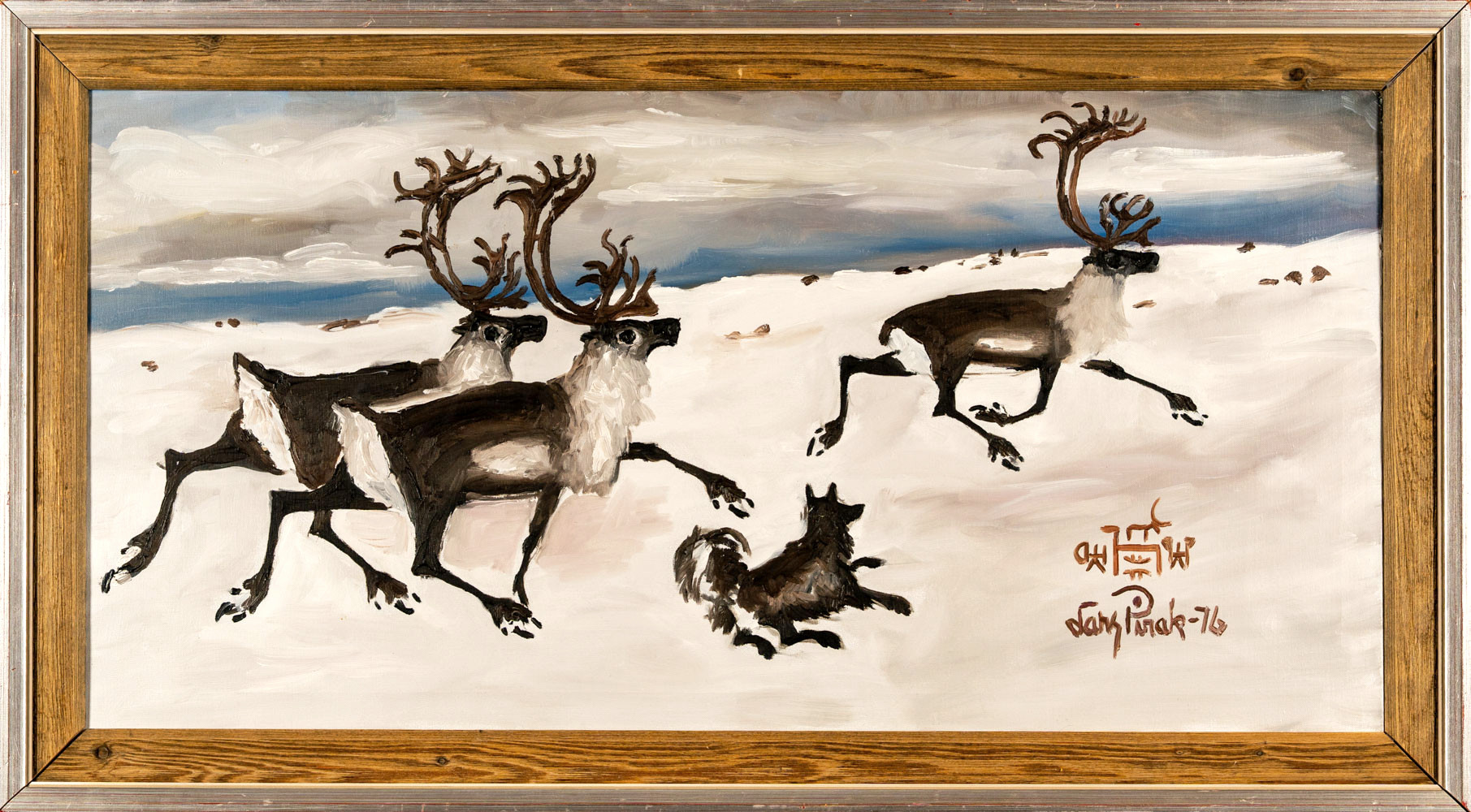 LARS PIRAK. Olja på duk, Renar och hund på fjället, signerad & daterad 1976.