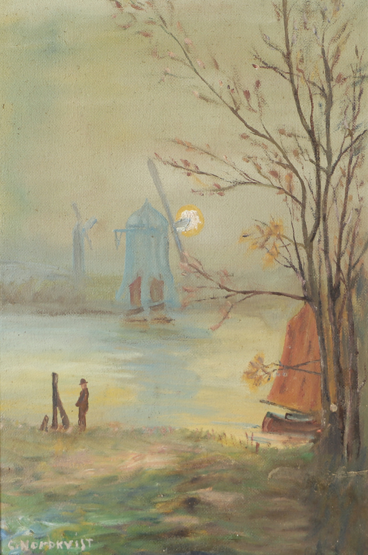 GUNNEL NORDKVIST. Landskap med mölla, olja på pannå, signerad G. Nordkvist.