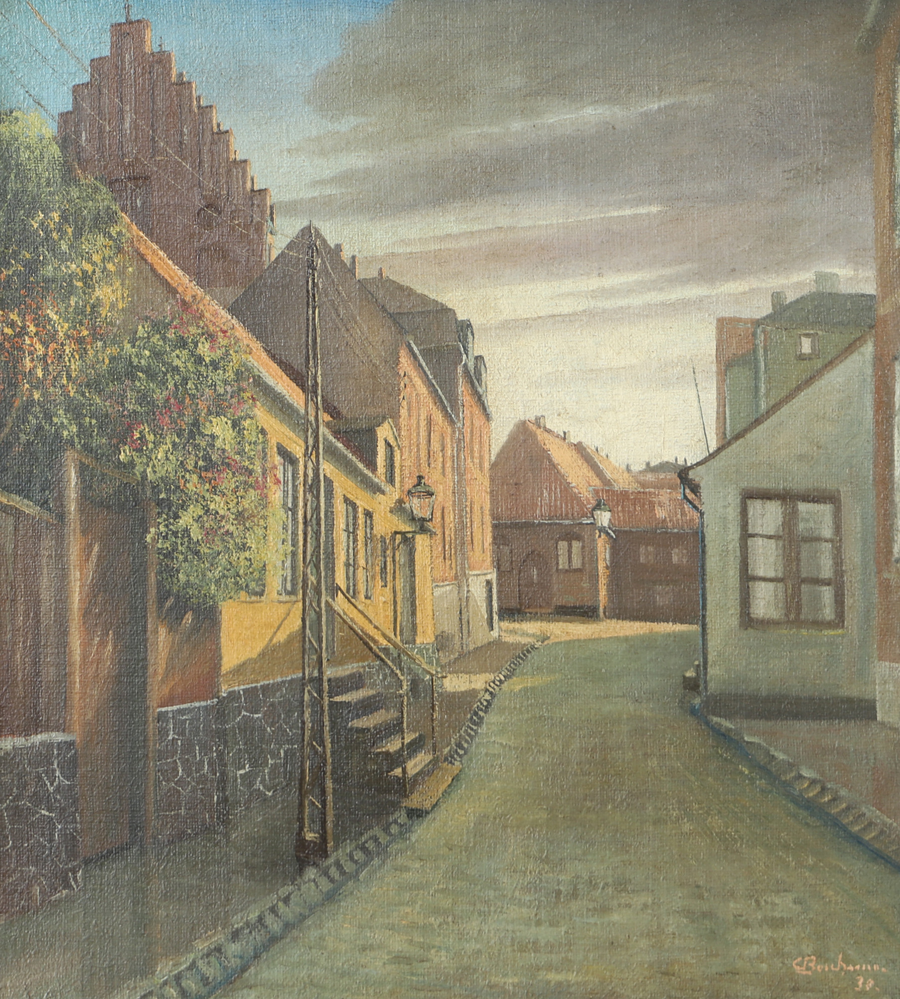 OIDENTIFIERAD KONSTNÄR. Gatubild, olja på duk, otydligt signerad.