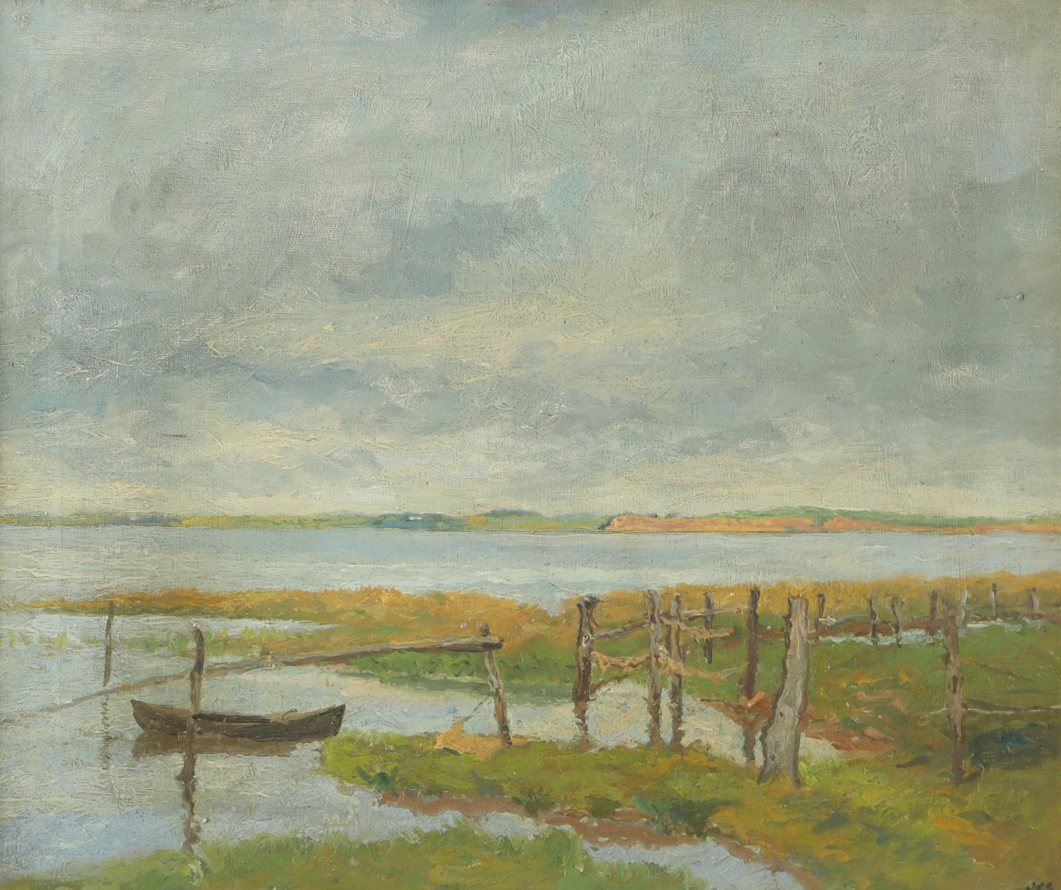 OIDENTIFIERAD KONSTNÄR. Kustparti med båt, olja på duk, monogramsignerad.